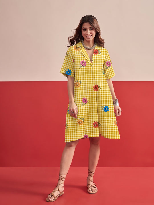 Yellow Small Check Floral Collar Dress