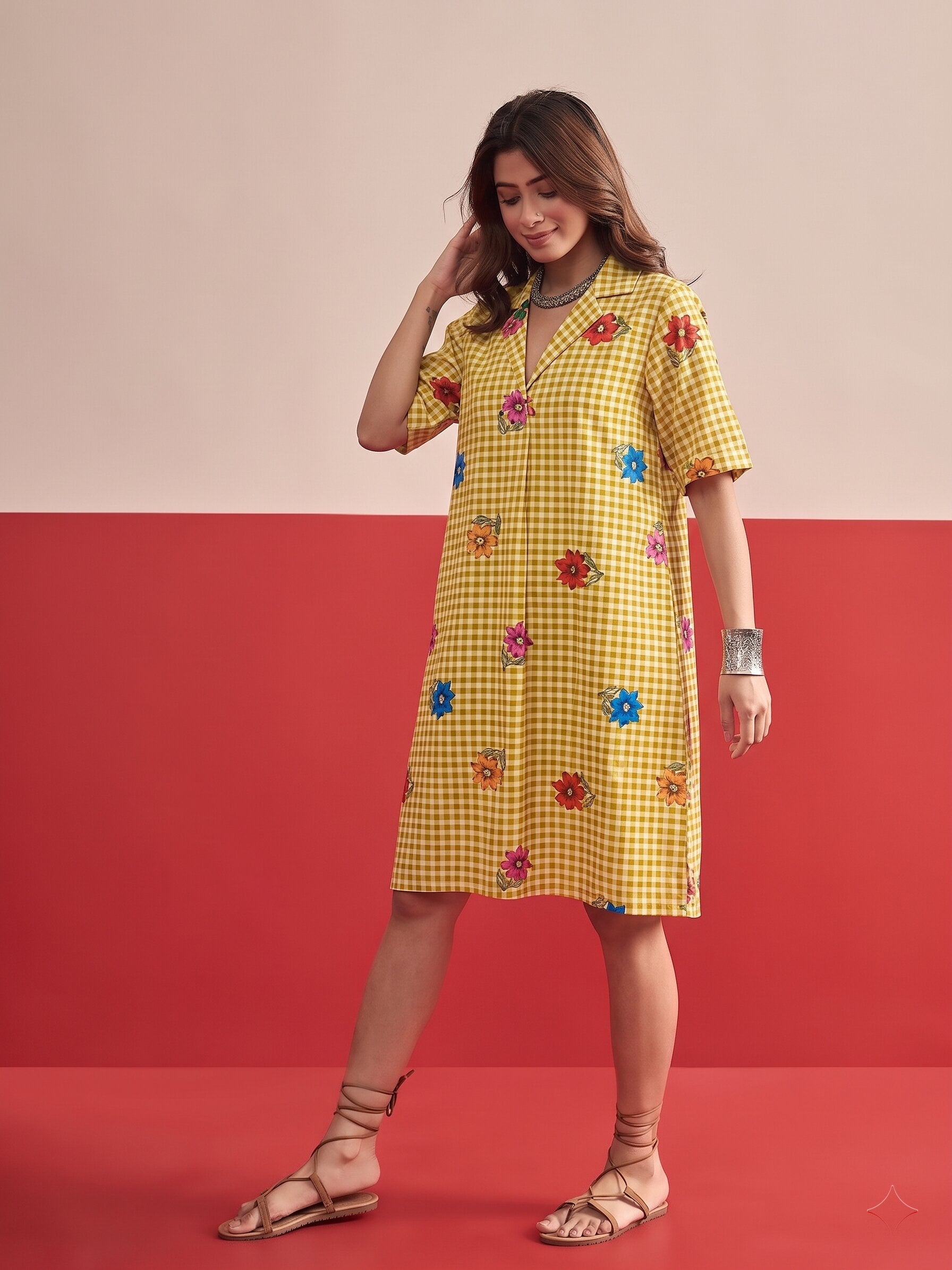 Yellow Small Check Floral Collar Dress