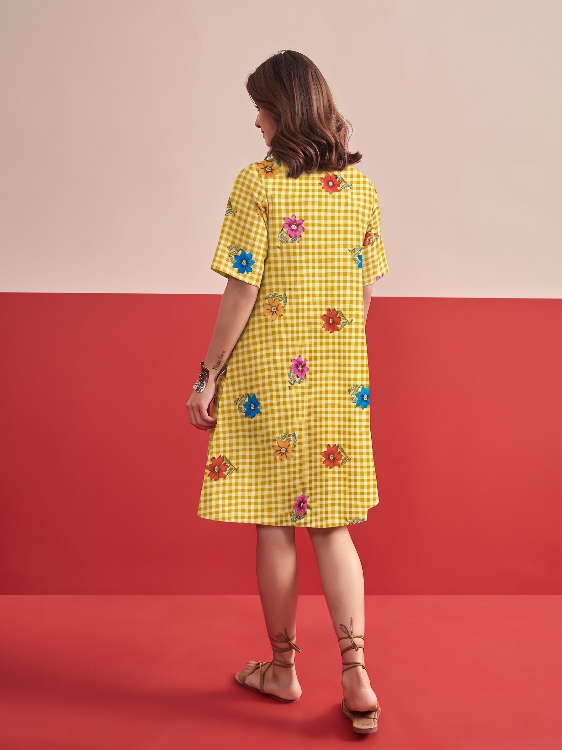 Yellow Small Check Floral Collar Dress