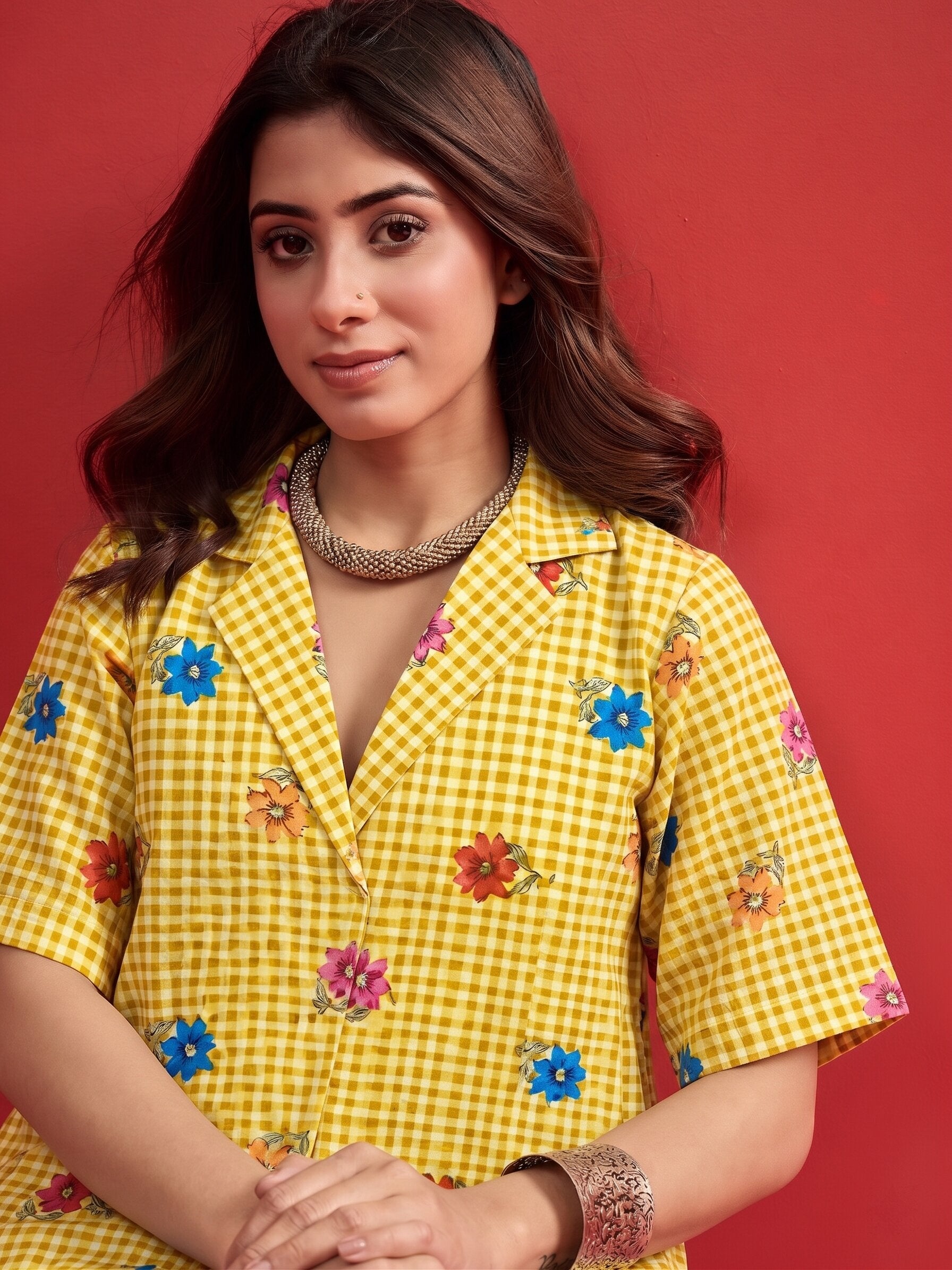 Yellow Small Check Floral Collar Dress