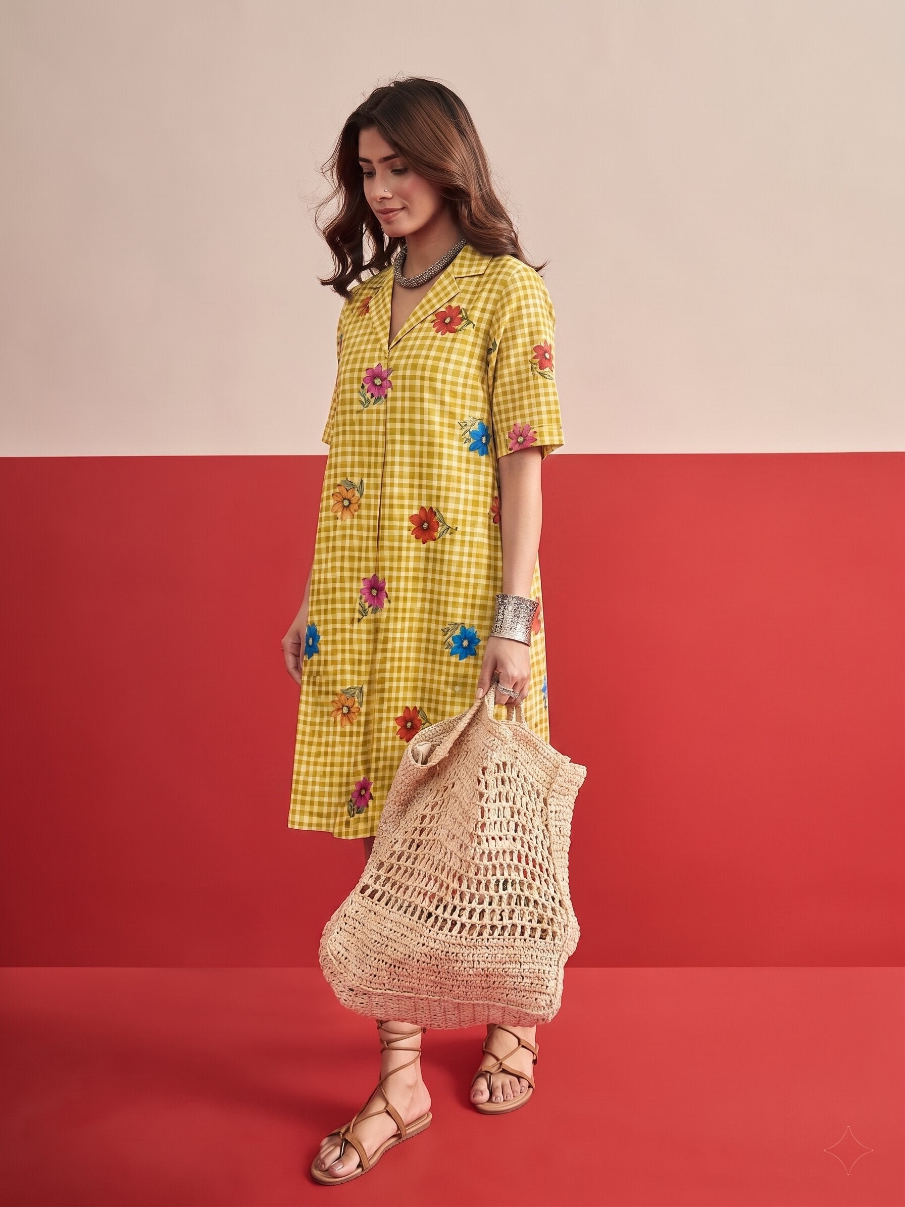 Yellow Small Check Floral Collar Dress