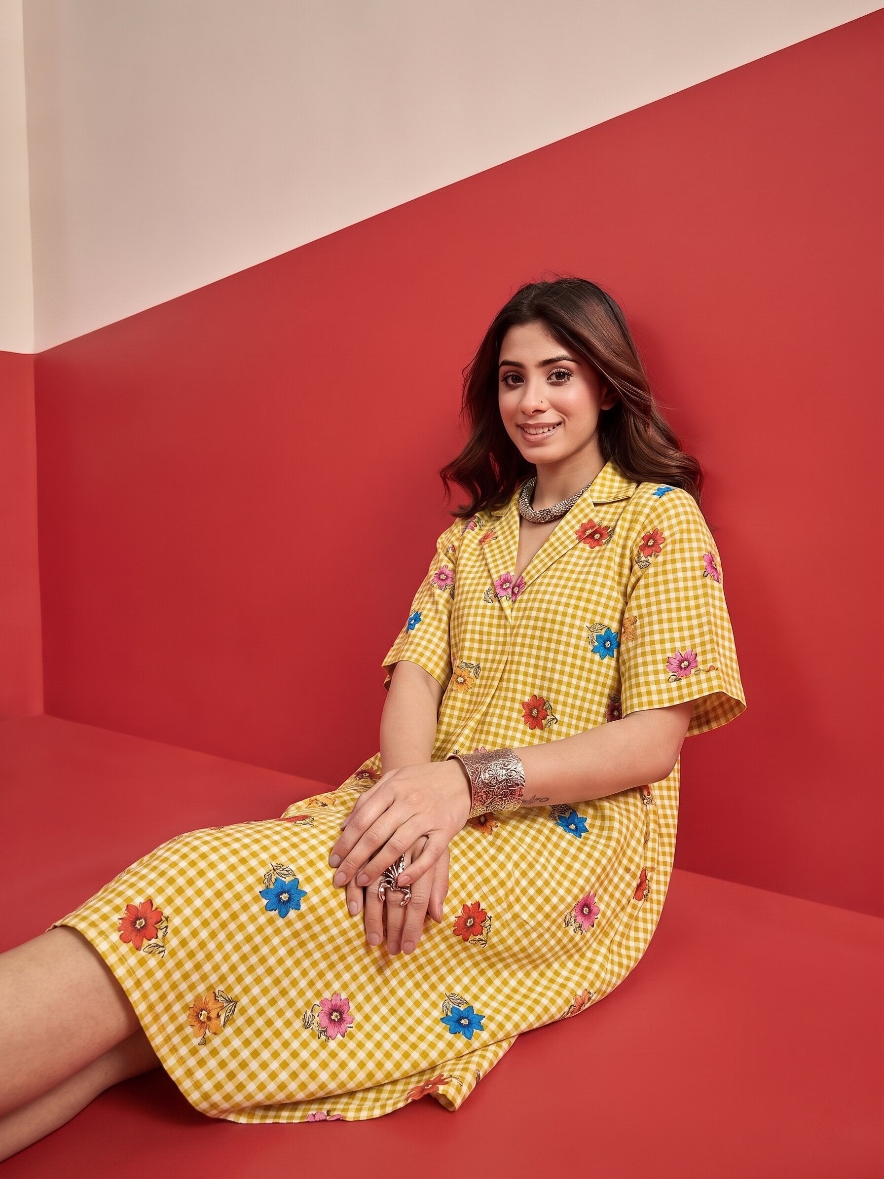Yellow Small Check Floral Collar Dress