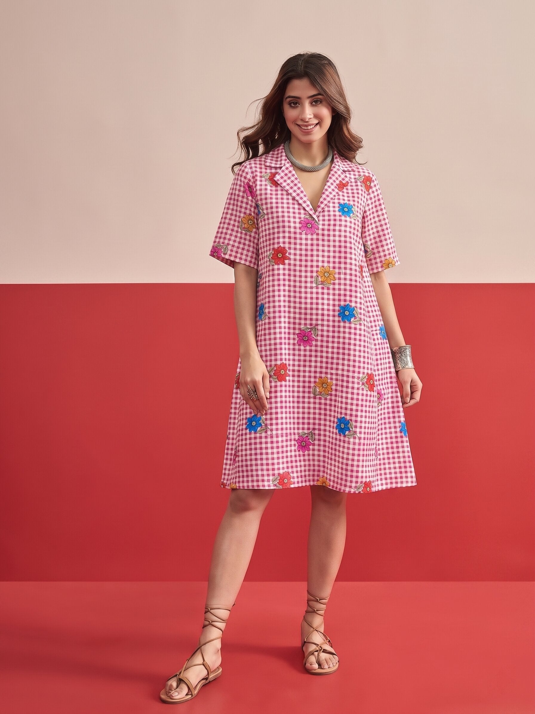 Fuchsia Small Check Floral Collar Dress