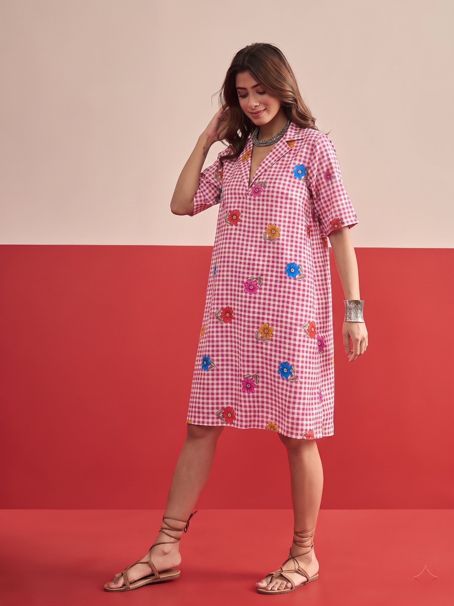Fuchsia Small Check Floral Collar Dress