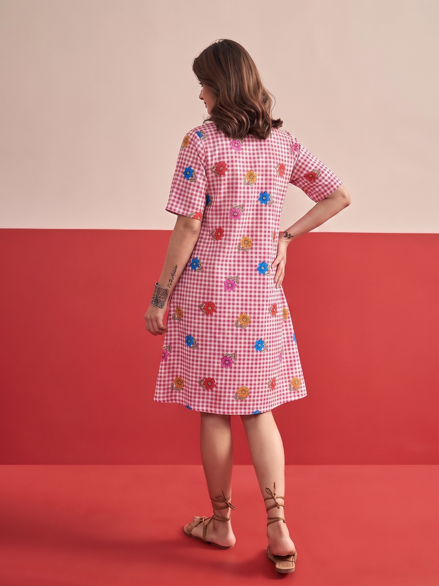 Fuchsia Small Check Floral Collar Dress