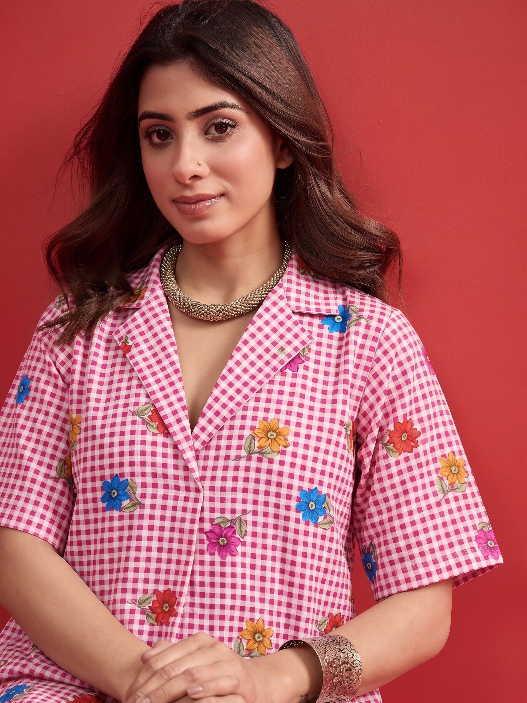 Fuchsia Small Check Floral Collar Dress