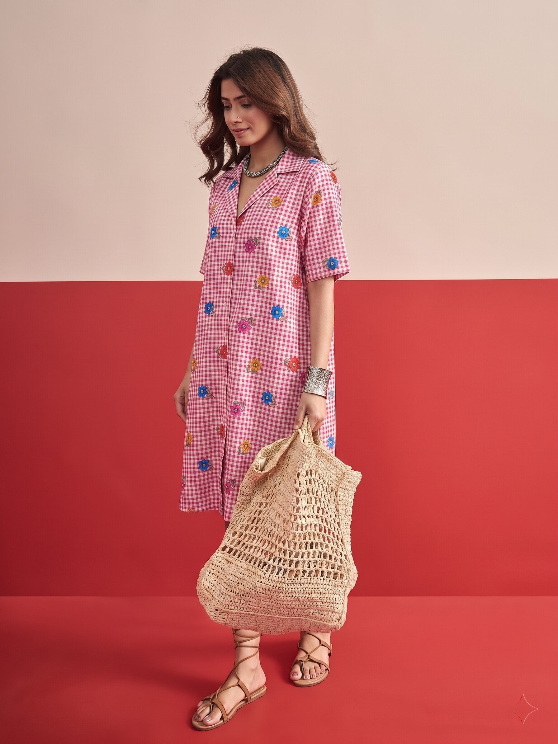 Fuchsia Small Check Floral Collar Dress