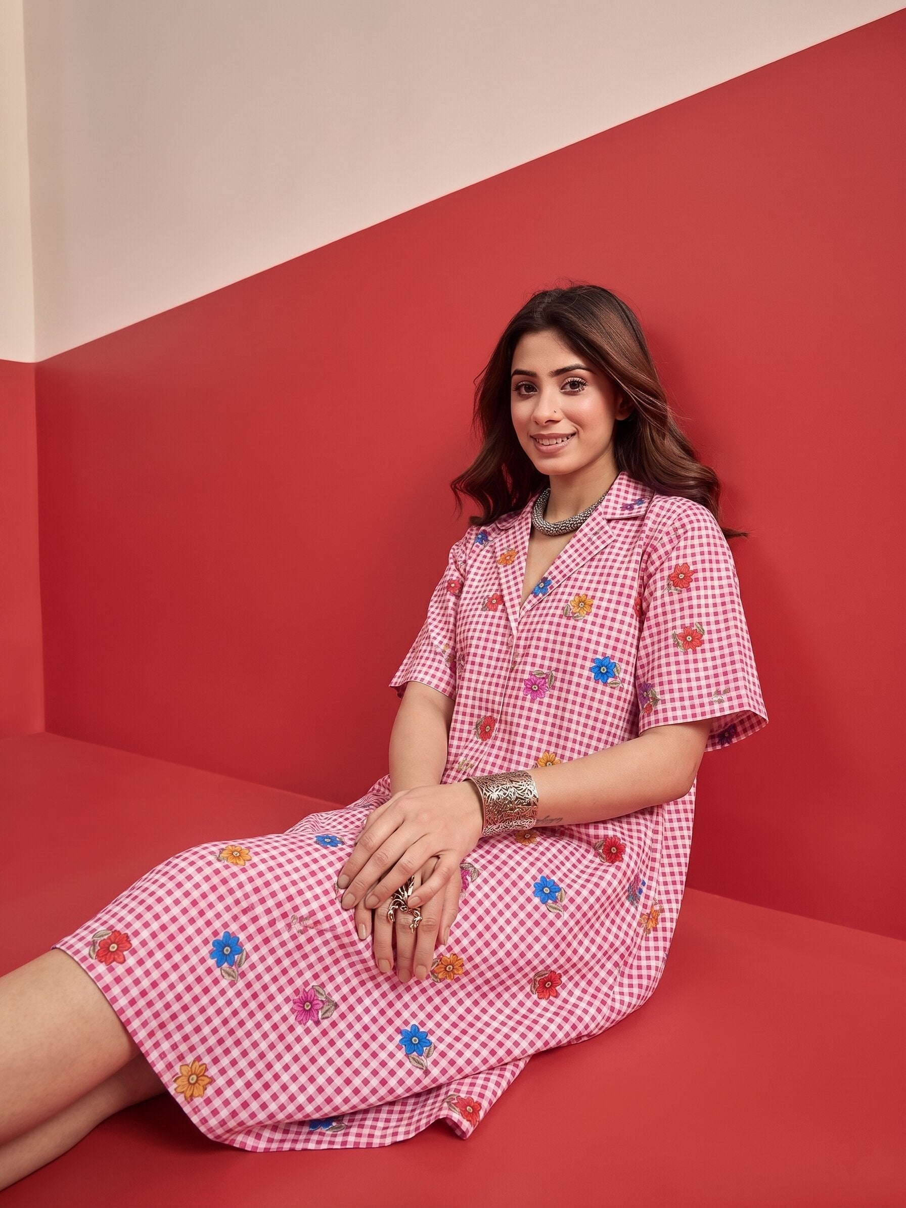 Fuchsia Small Check Floral Collar Dress