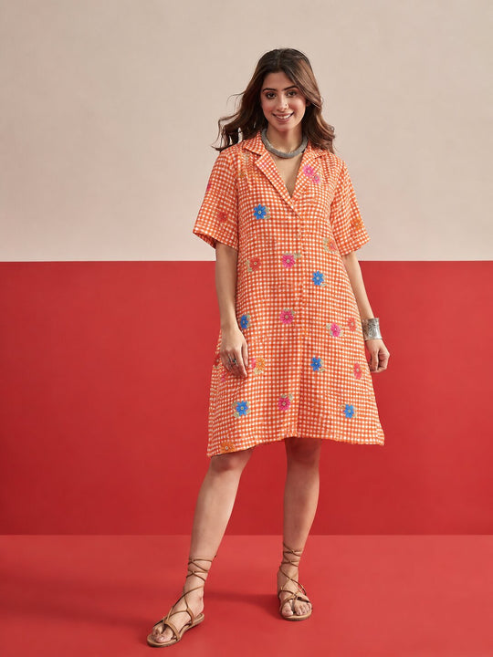 Orange Small Check Floral Collar Dress