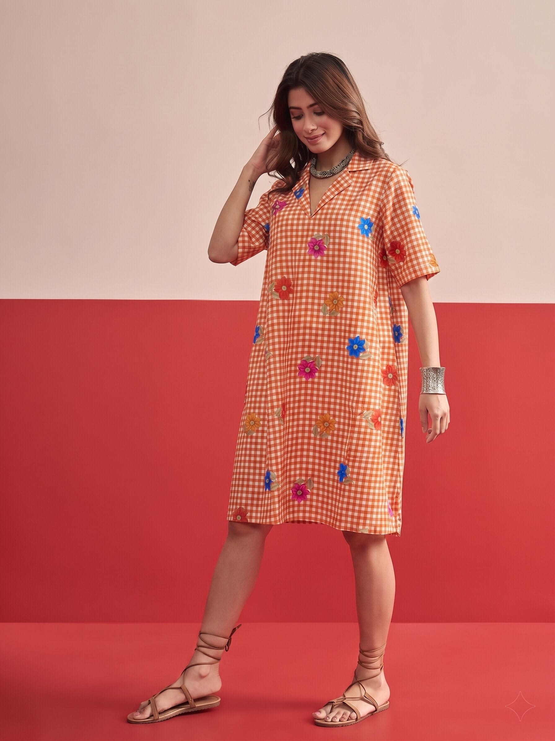 Orange Small Check Floral Collar Dress