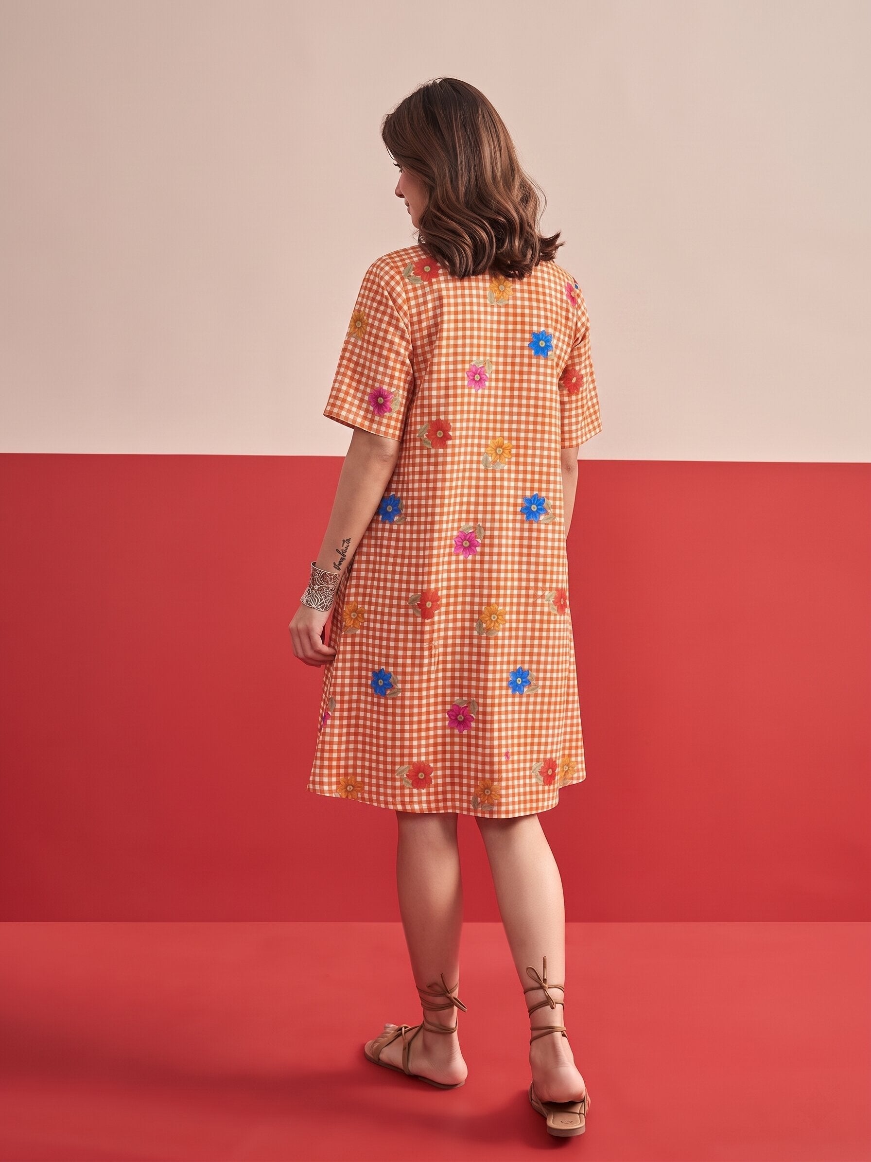Orange Small Check Floral Collar Dress