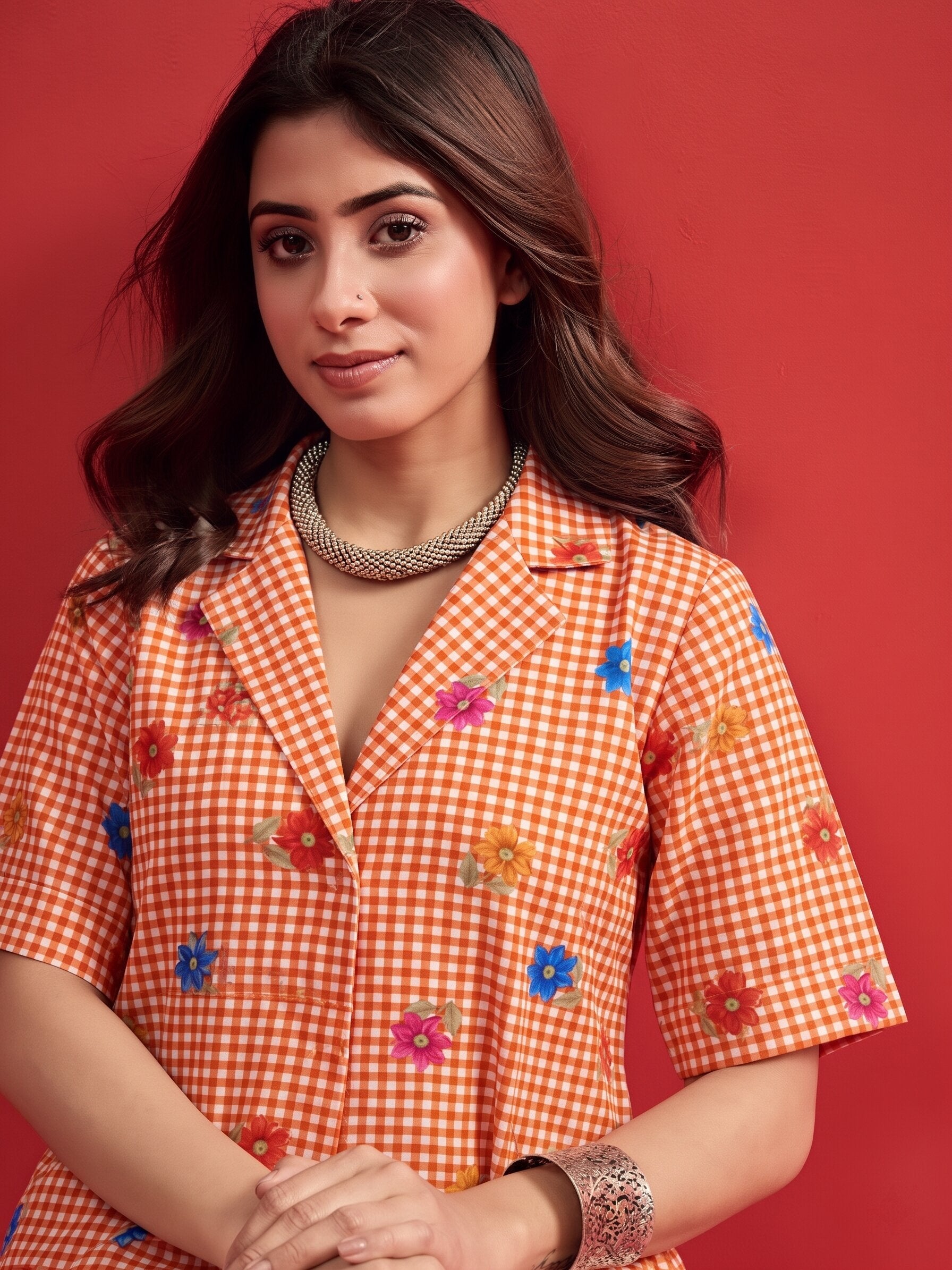 Orange Small Check Floral Collar Dress