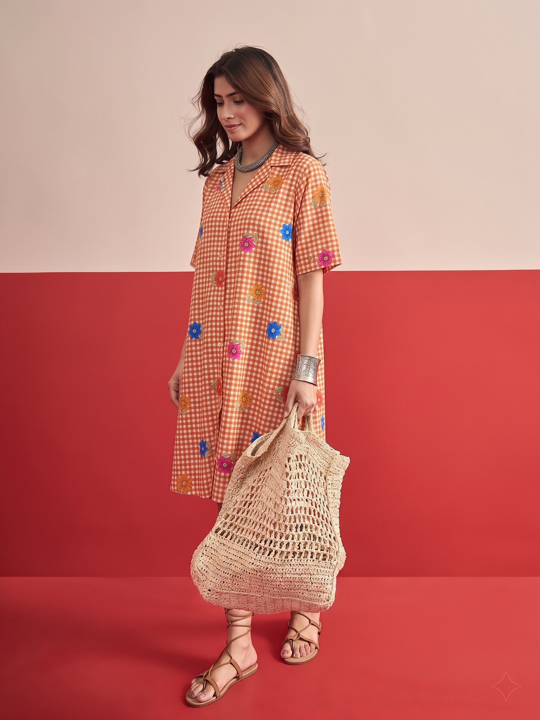 Orange Small Check Floral Collar Dress