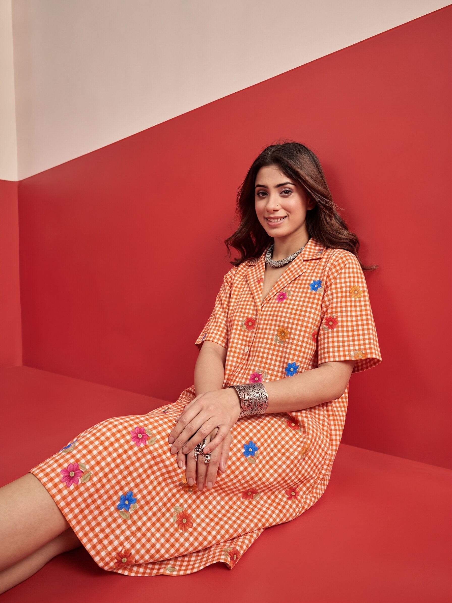 Orange Small Check Floral Collar Dress