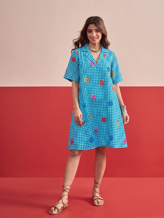 Blue Small Check Floral Collar Dress