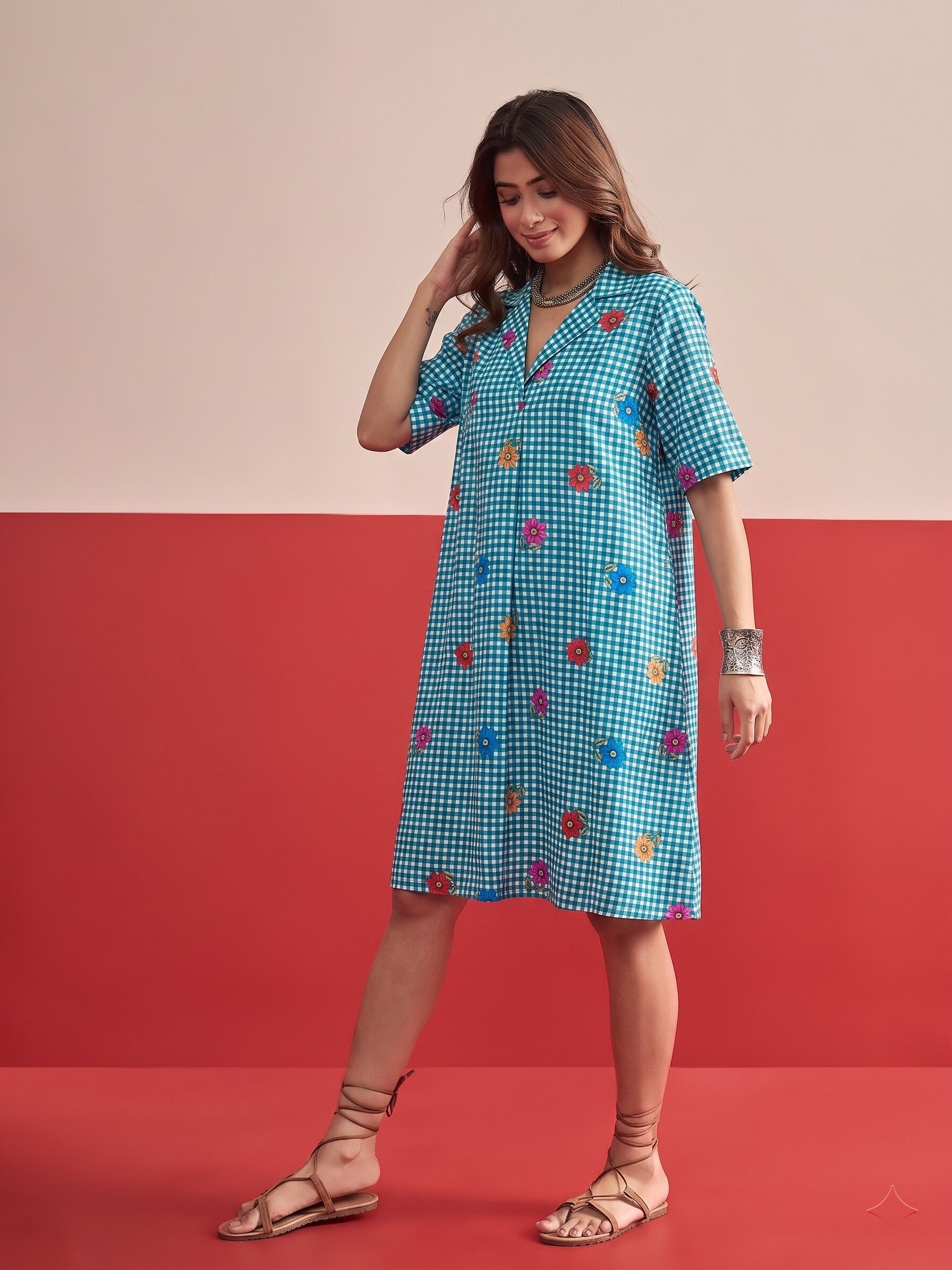 Blue Small Check Floral Collar Dress