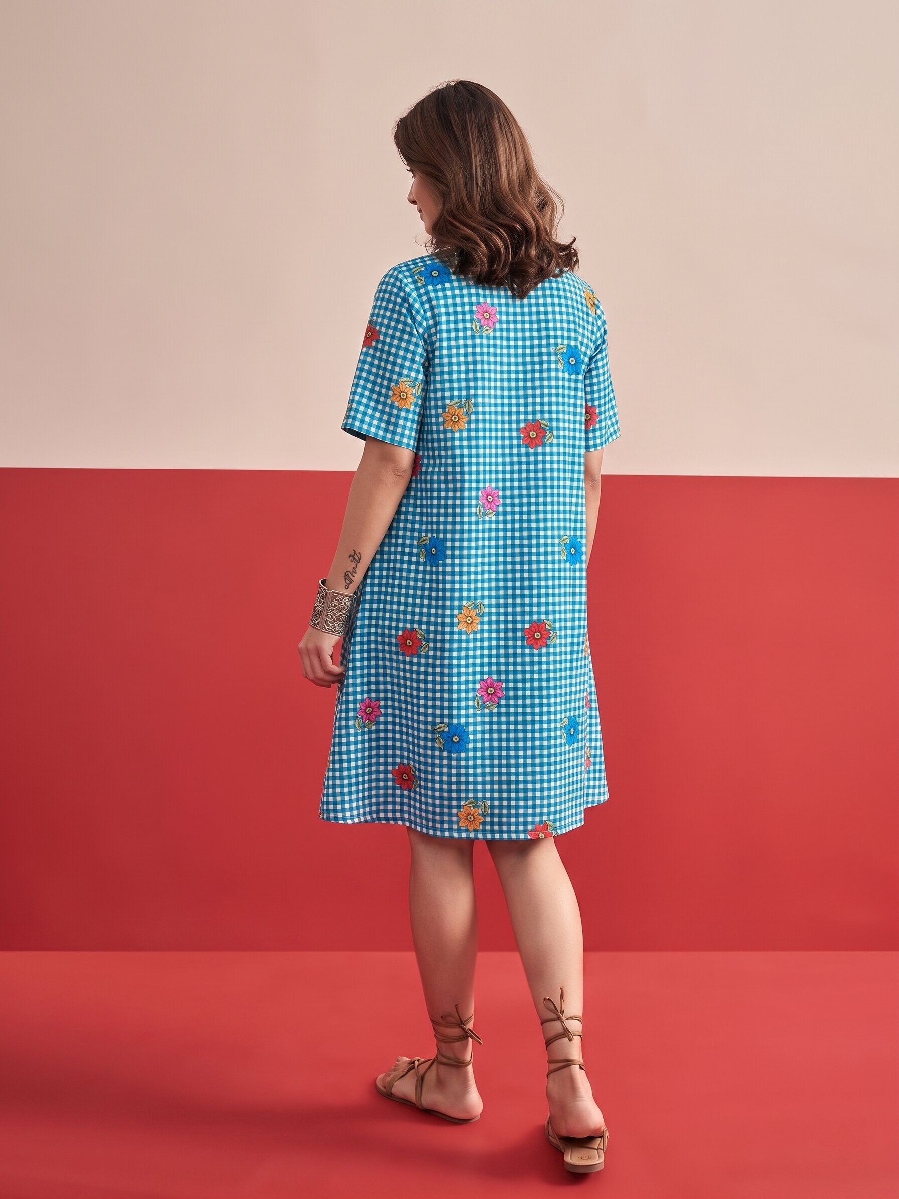 Blue Small Check Floral Collar Dress