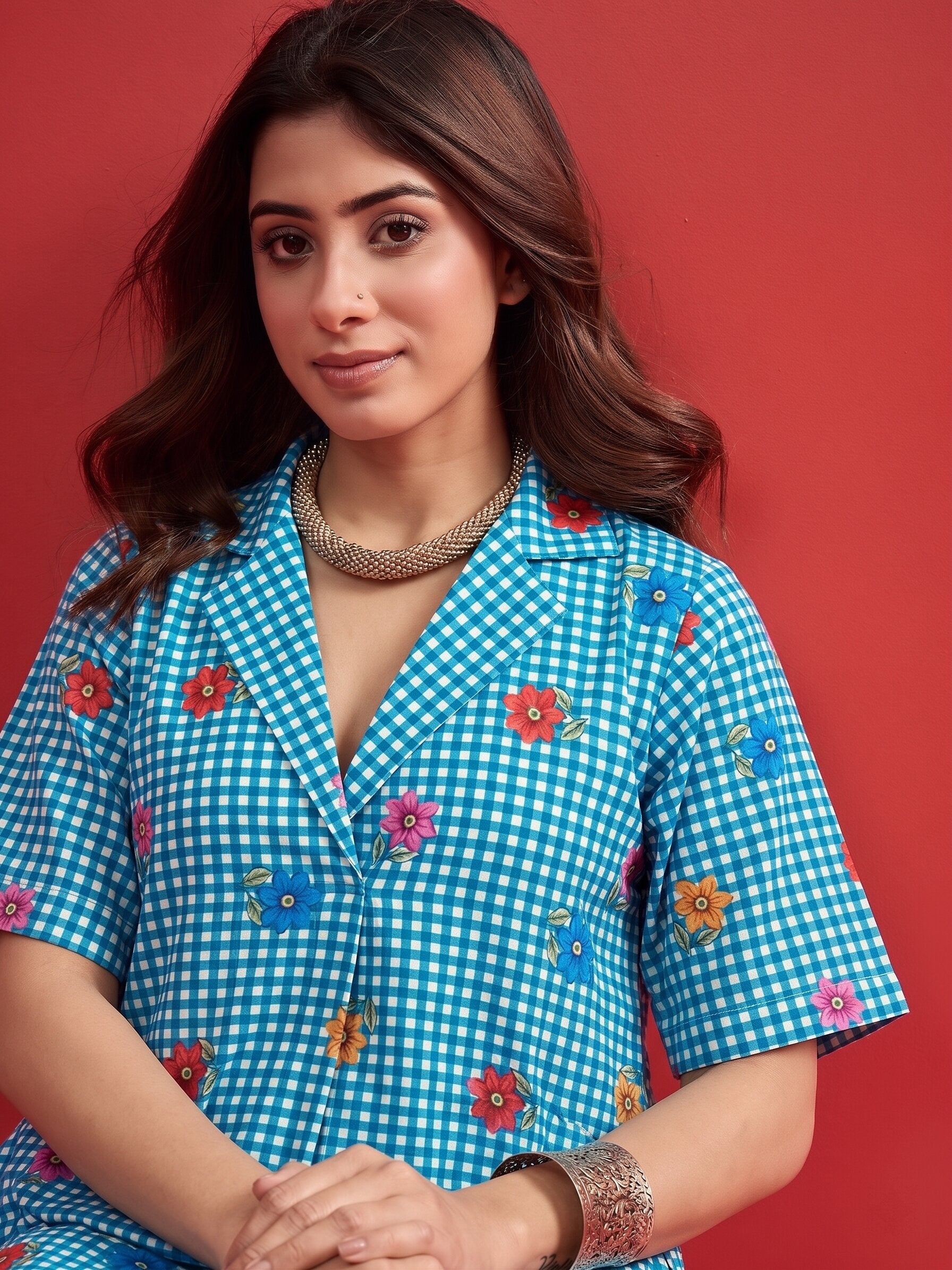 Blue Small Check Floral Collar Dress