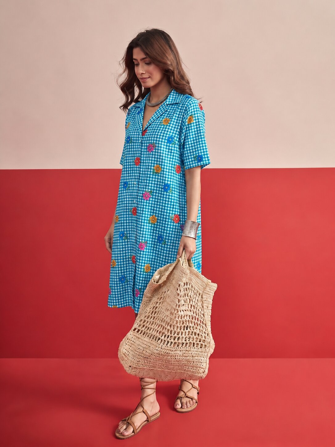 Blue Small Check Floral Collar Dress