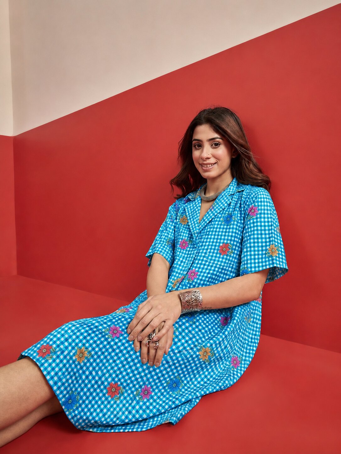 Blue Small Check Floral Collar Dress