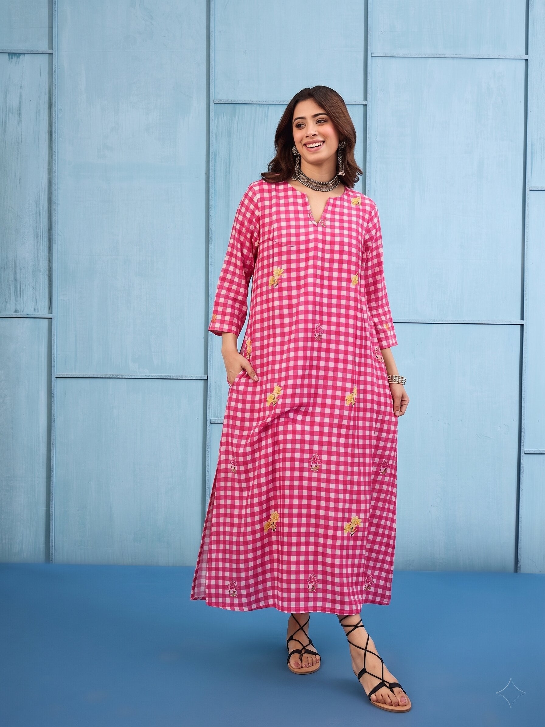 Fuchsia Big Check Floral Long Dress
