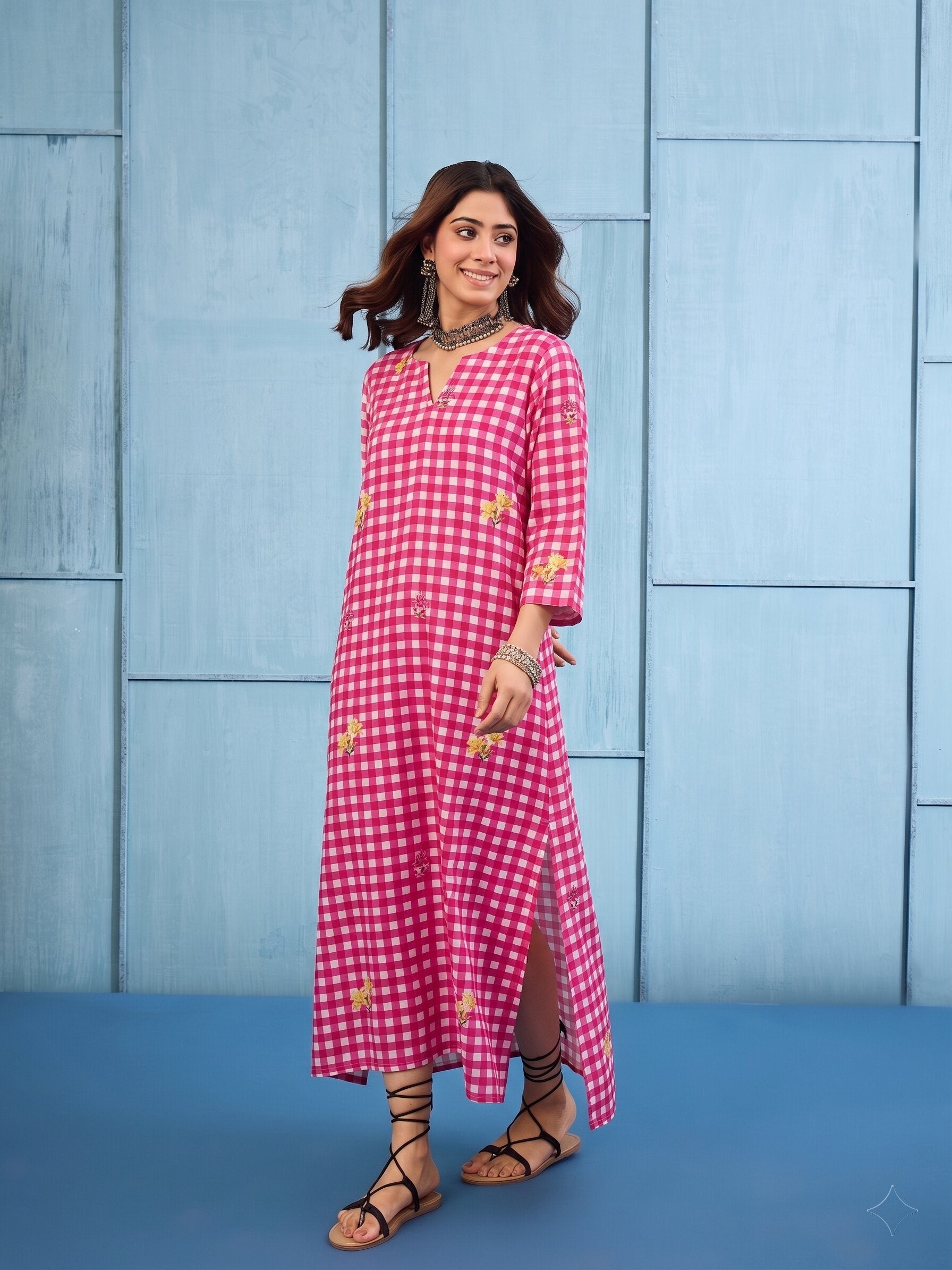 Fuchsia Big Check Floral Long Dress