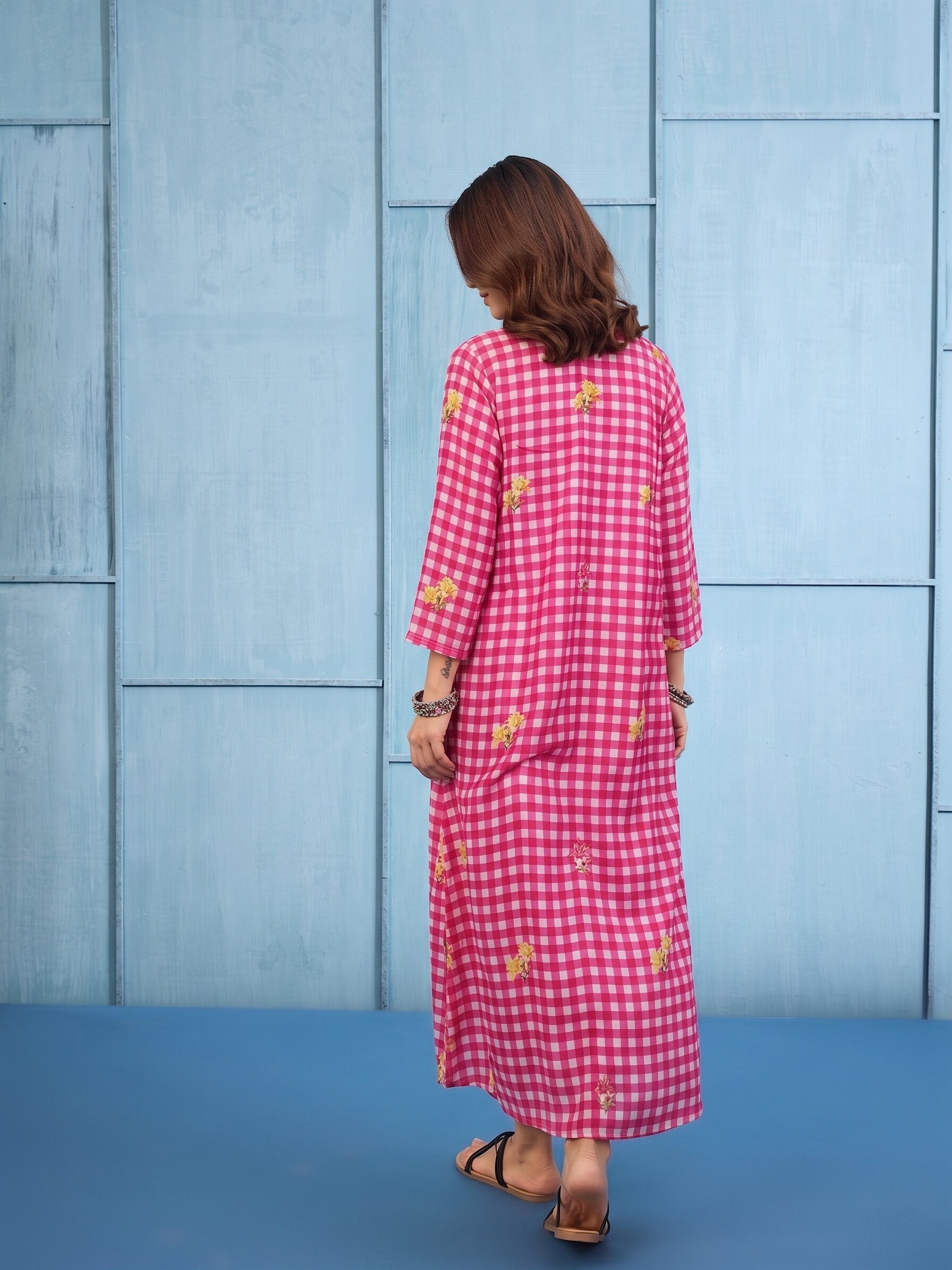Fuchsia Big Check Floral Long Dress