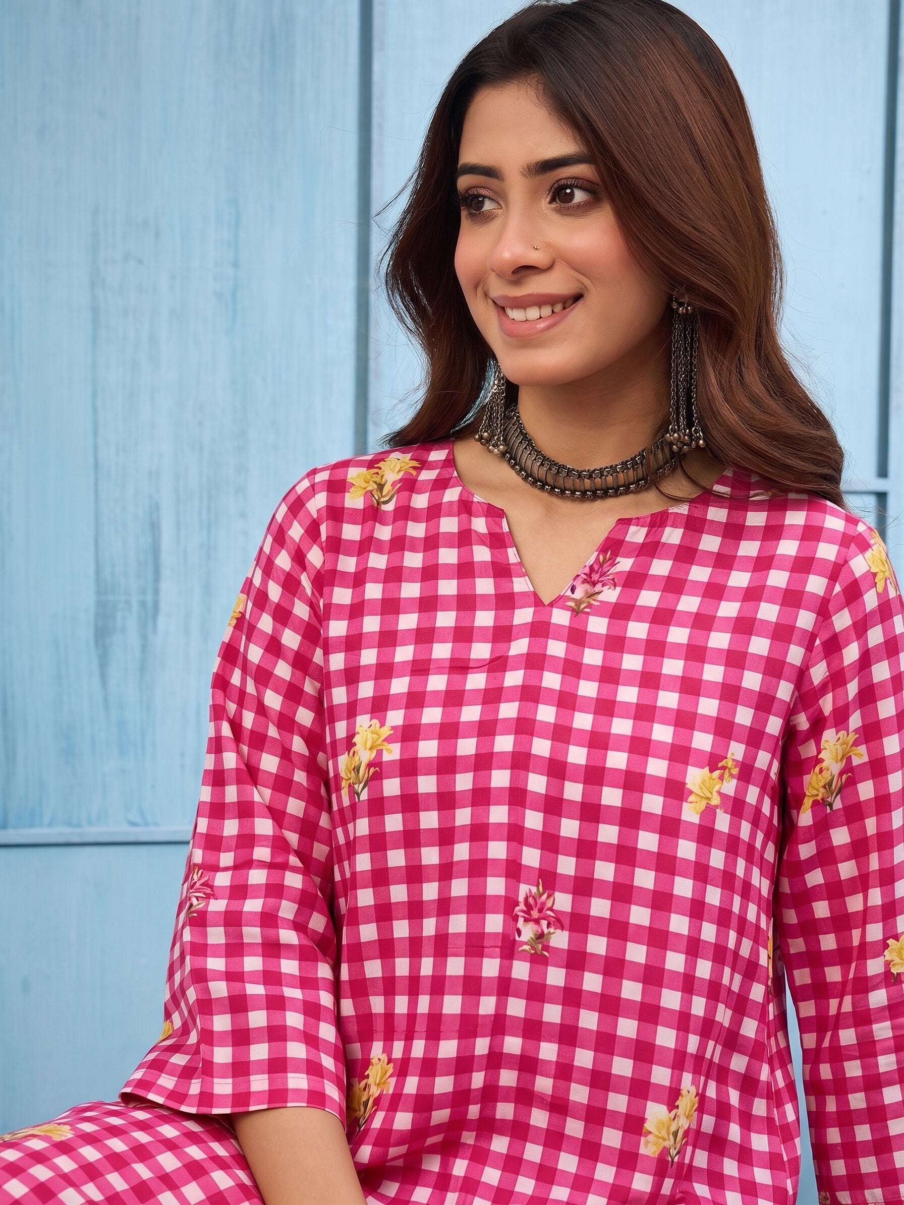 Fuchsia Big Check Floral Long Dress