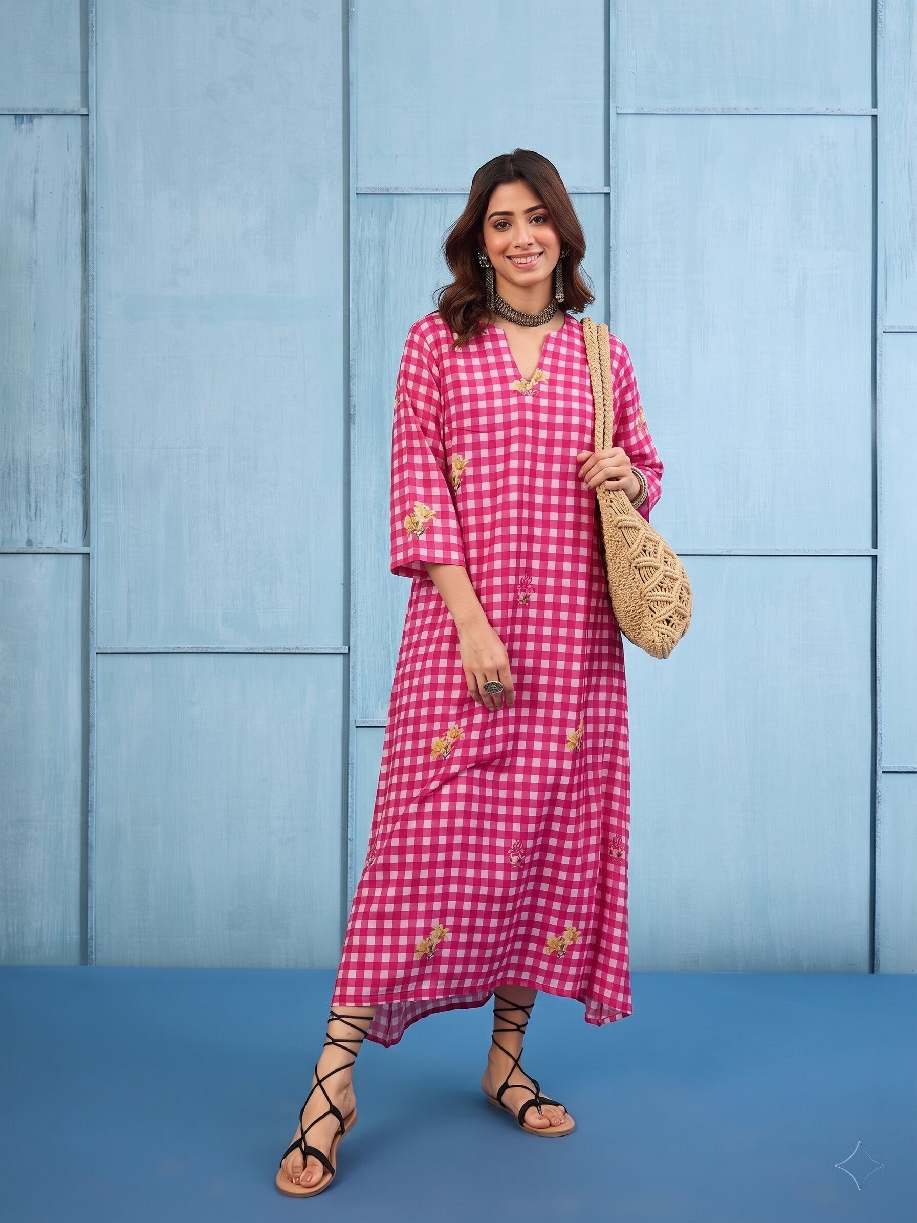 Fuchsia Big Check Floral Long Dress