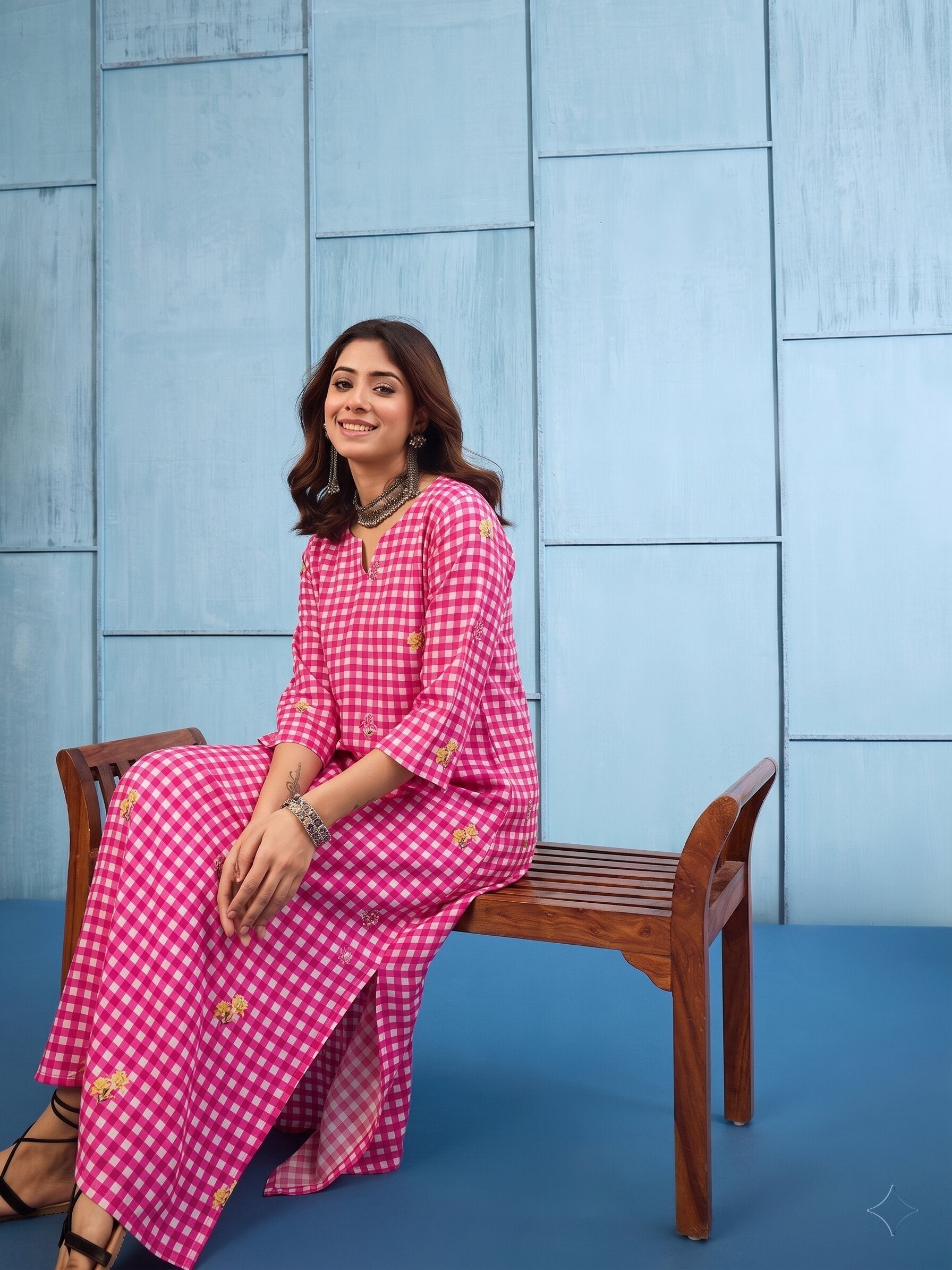 Fuchsia Big Check Floral Long Dress
