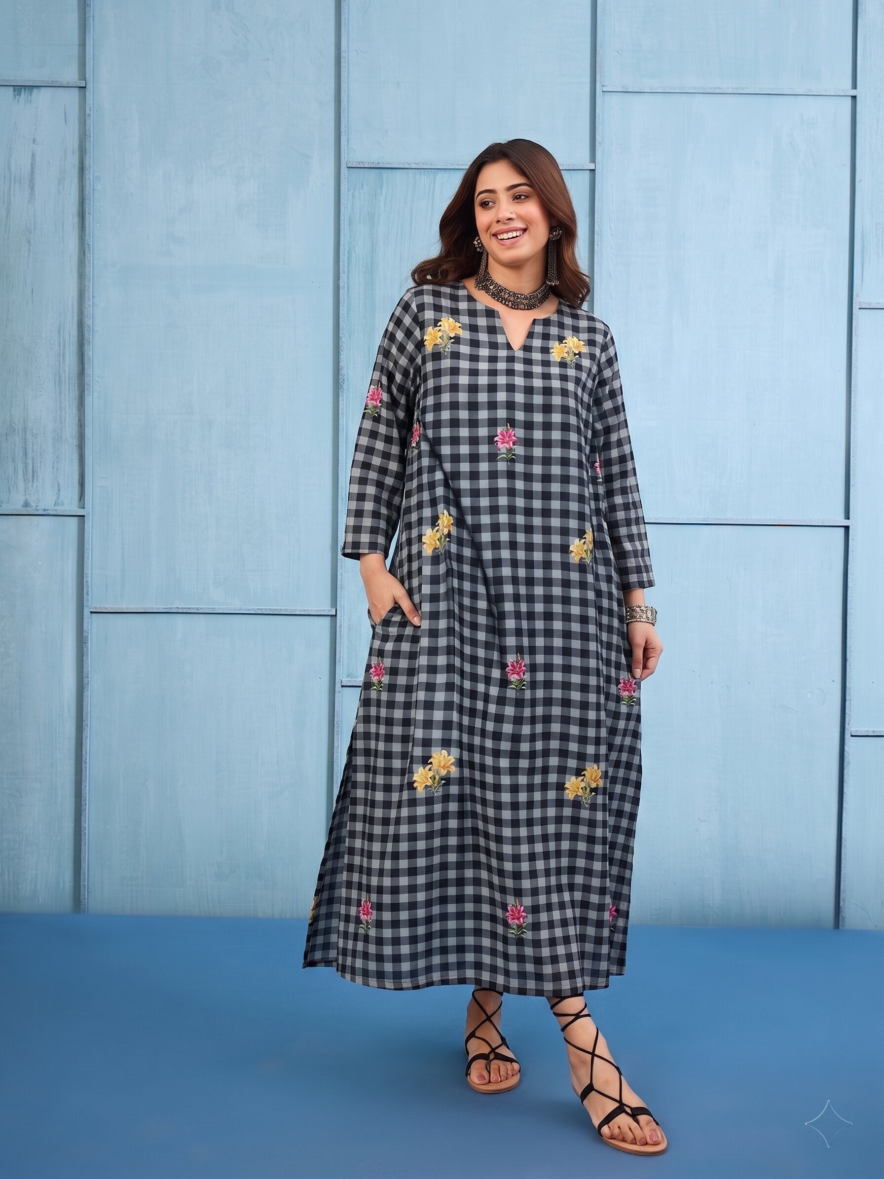 Black Big Check Floral Long Dress