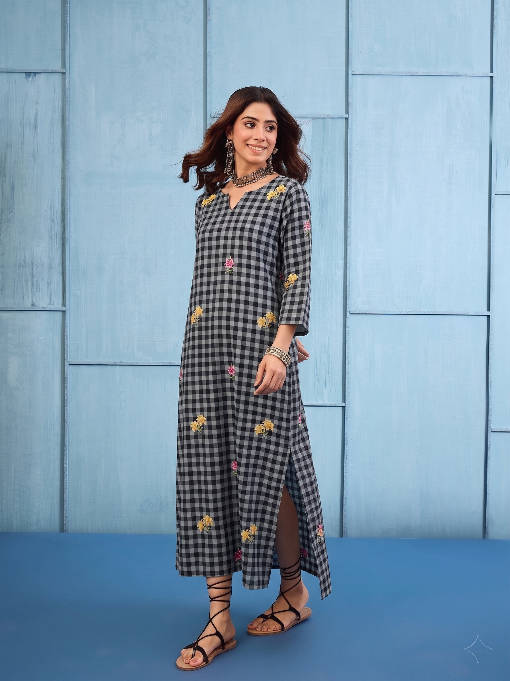 Black Big Check Floral Long Dress