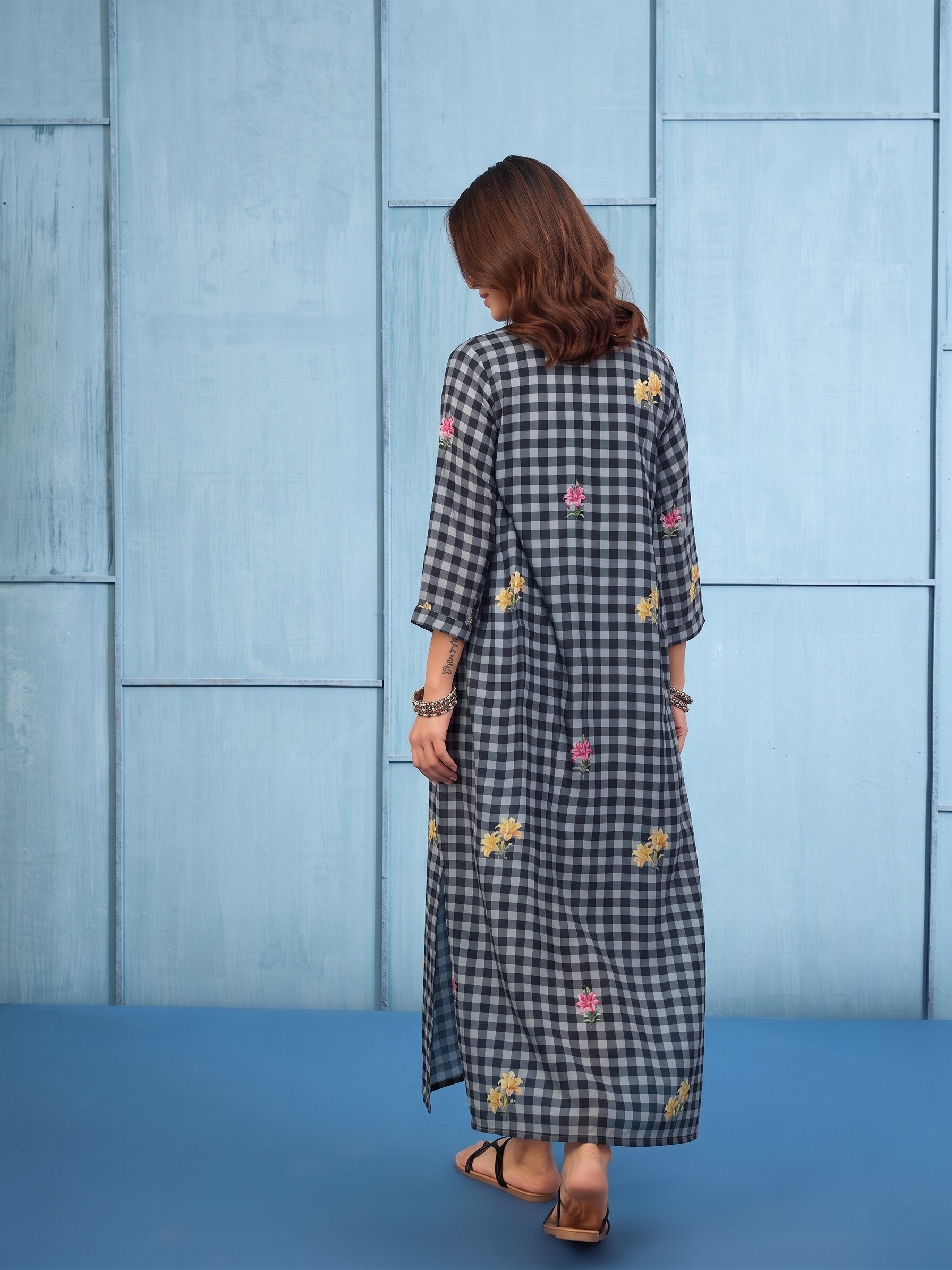 Black Big Check Floral Long Dress