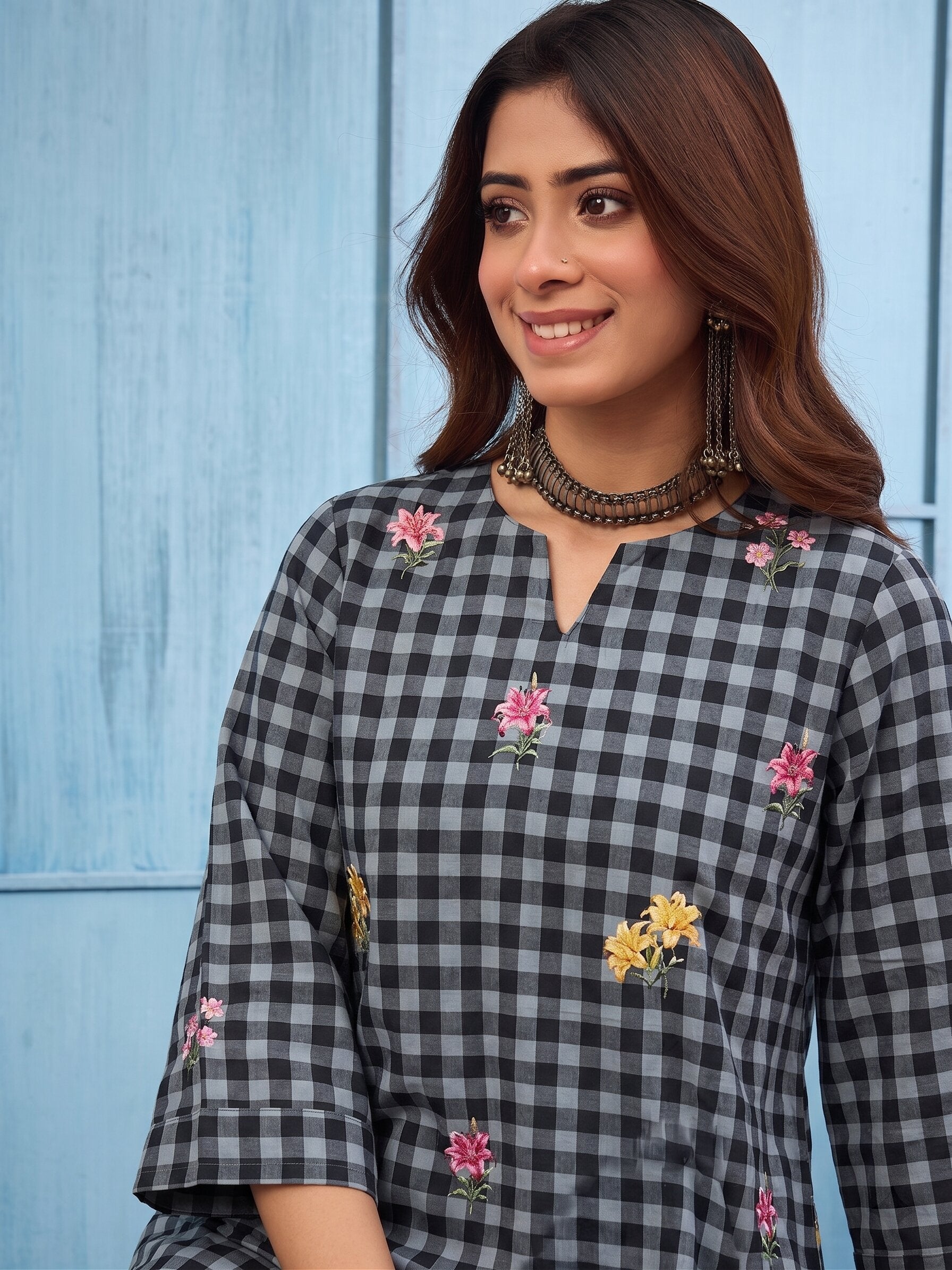 Black Big Check Floral Long Dress