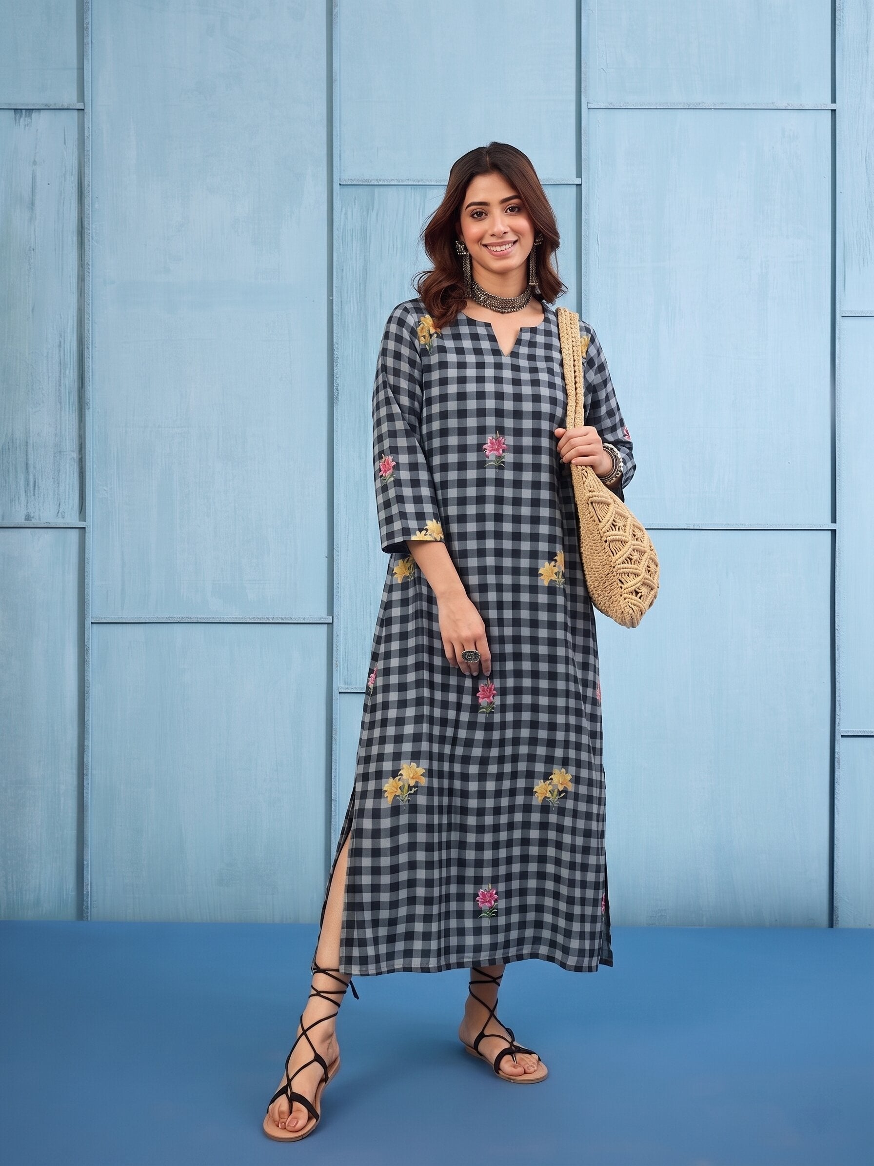 Black Big Check Floral Long Dress