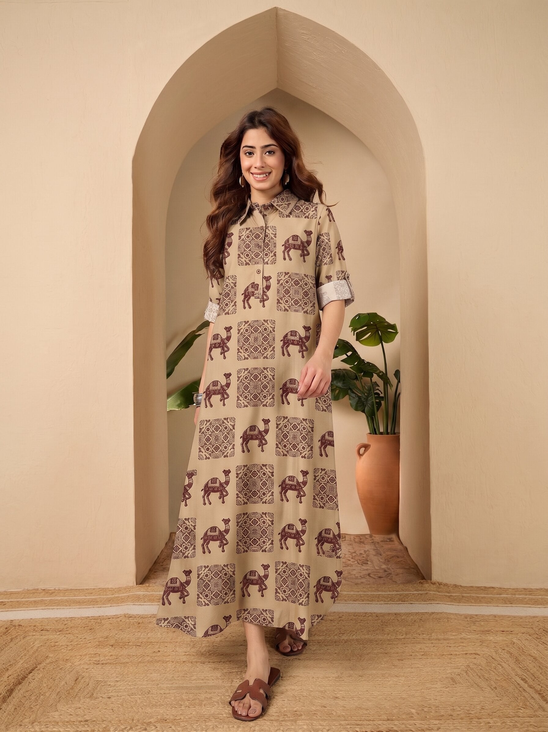 Beige Camel Shirt Collar Long Dress
