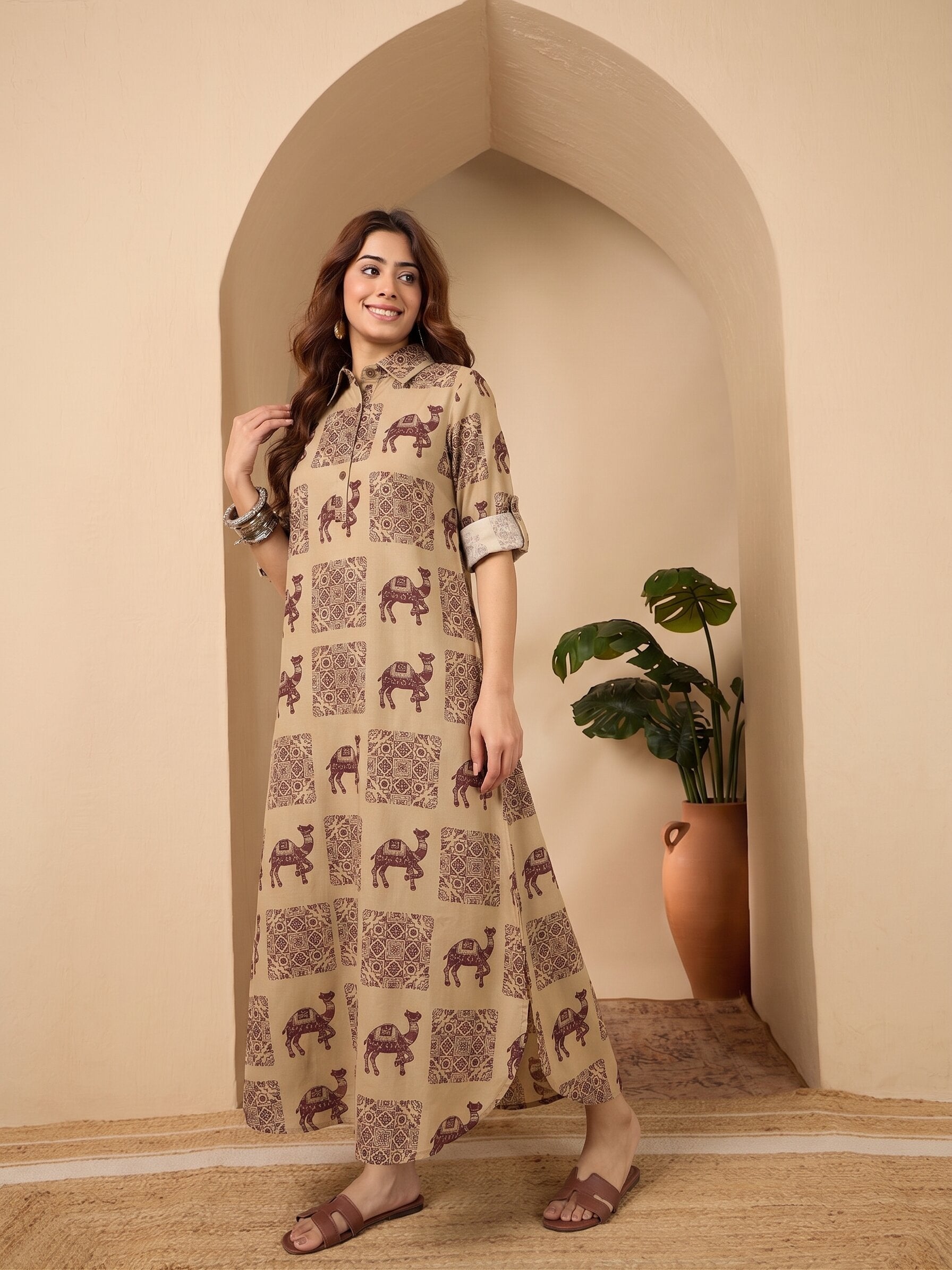 Beige Camel Shirt Collar Long Dress