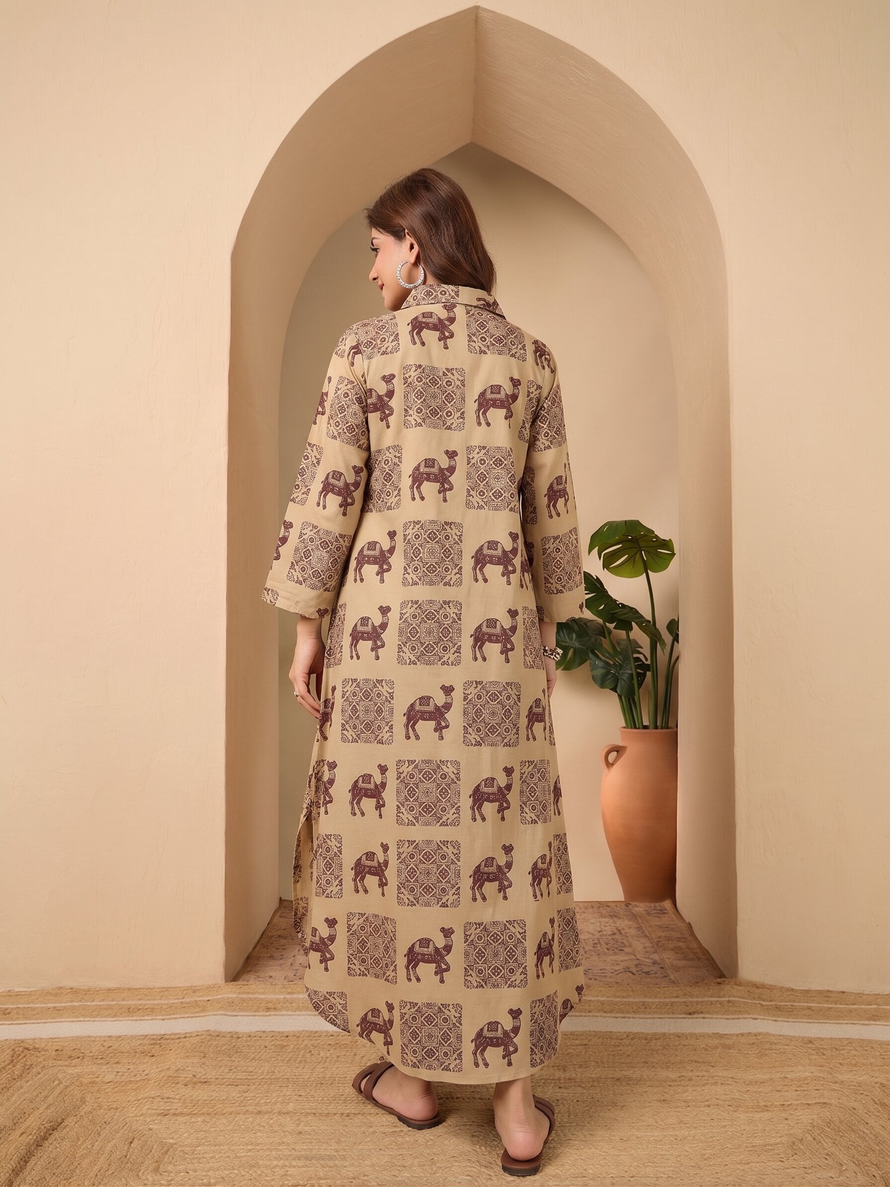 Beige Camel Shirt Collar Long Dress