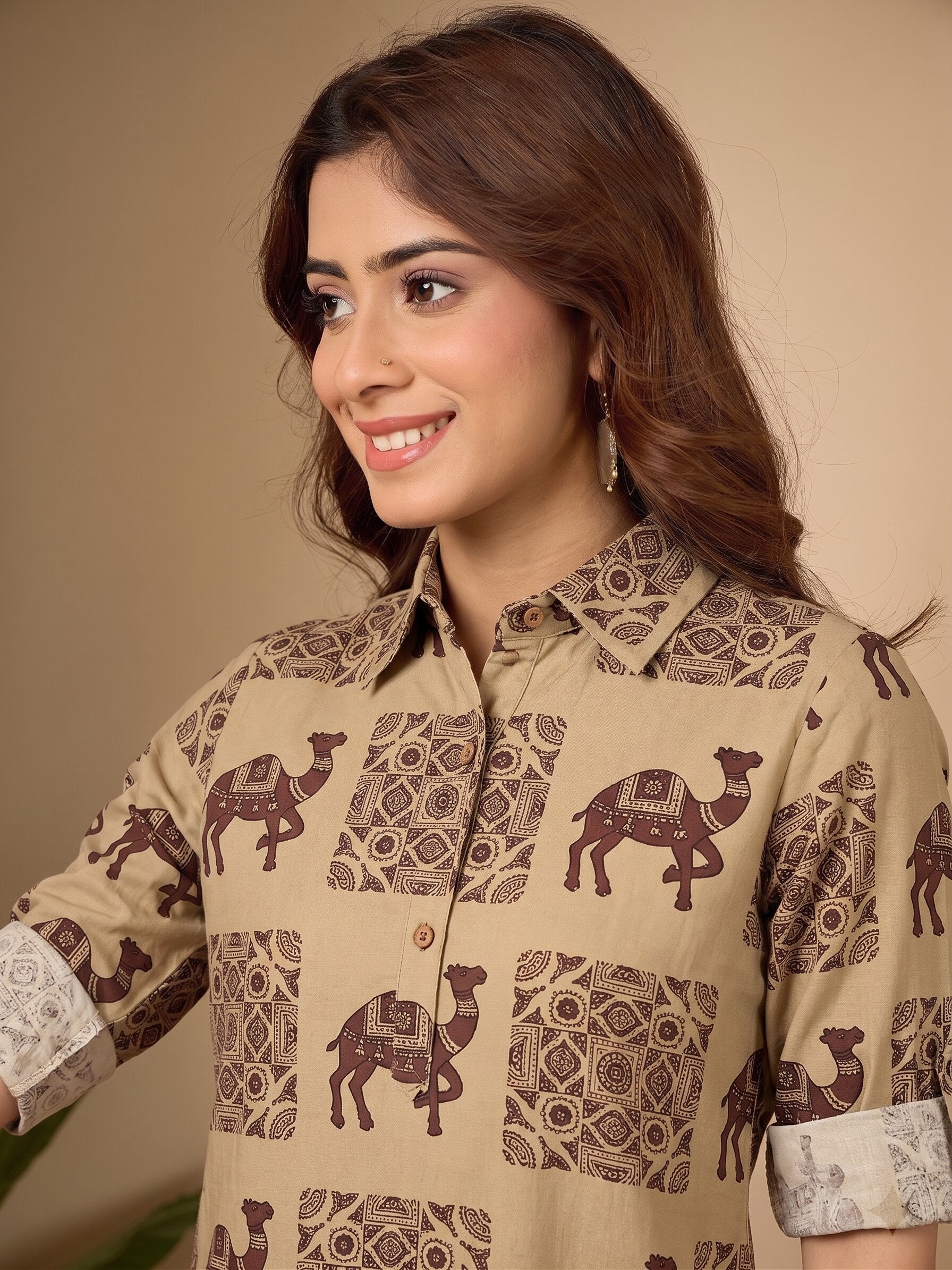Beige Camel Shirt Collar Long Dress