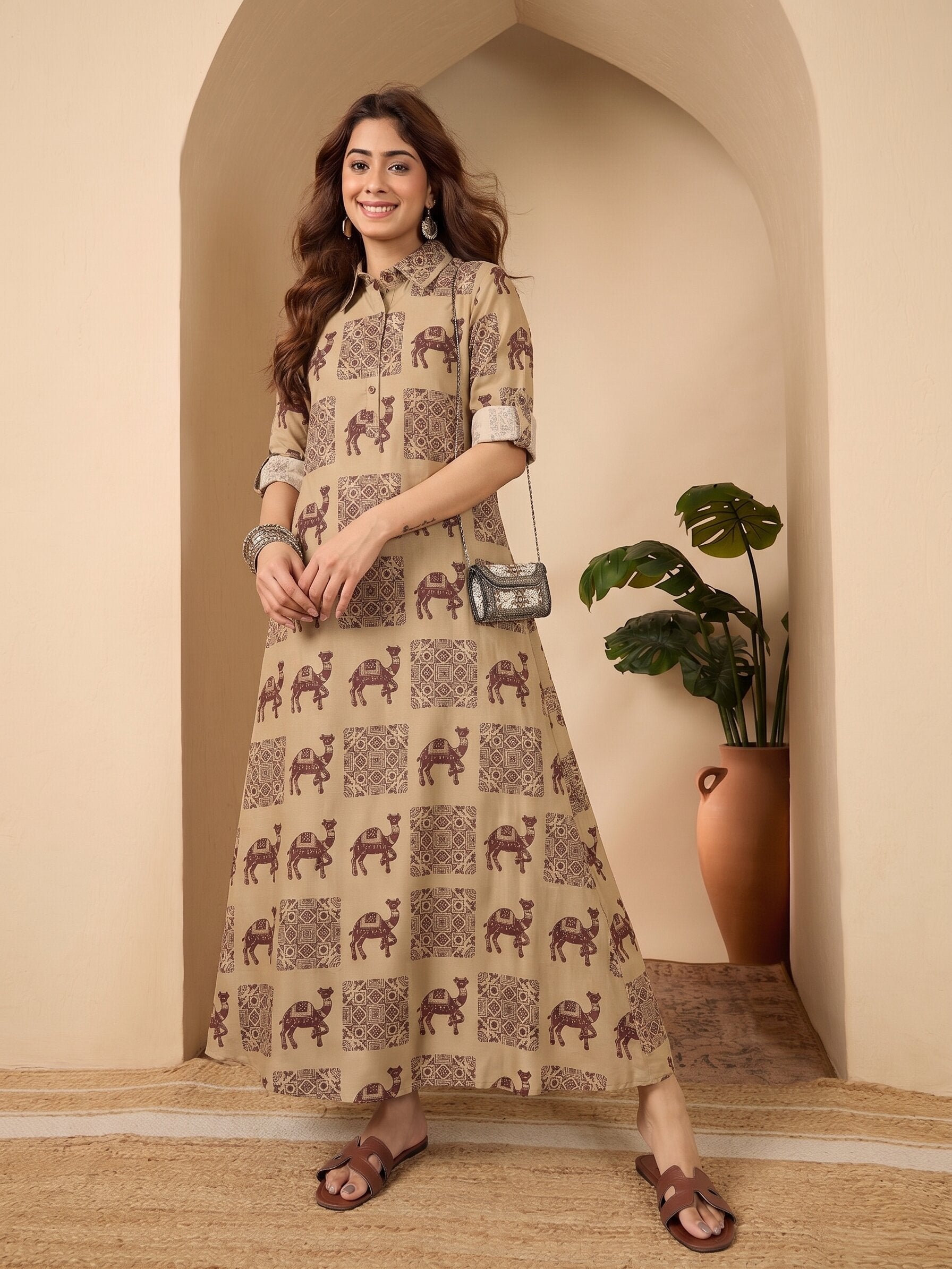 Beige Camel Shirt Collar Long Dress