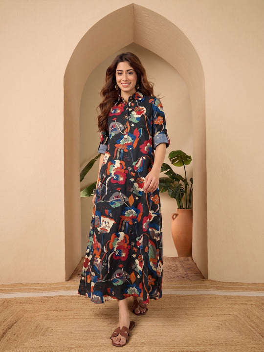 Black printed Shirt Collar Long Dress