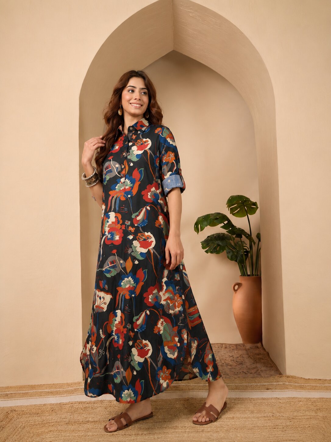Black printed Shirt Collar Long Dress