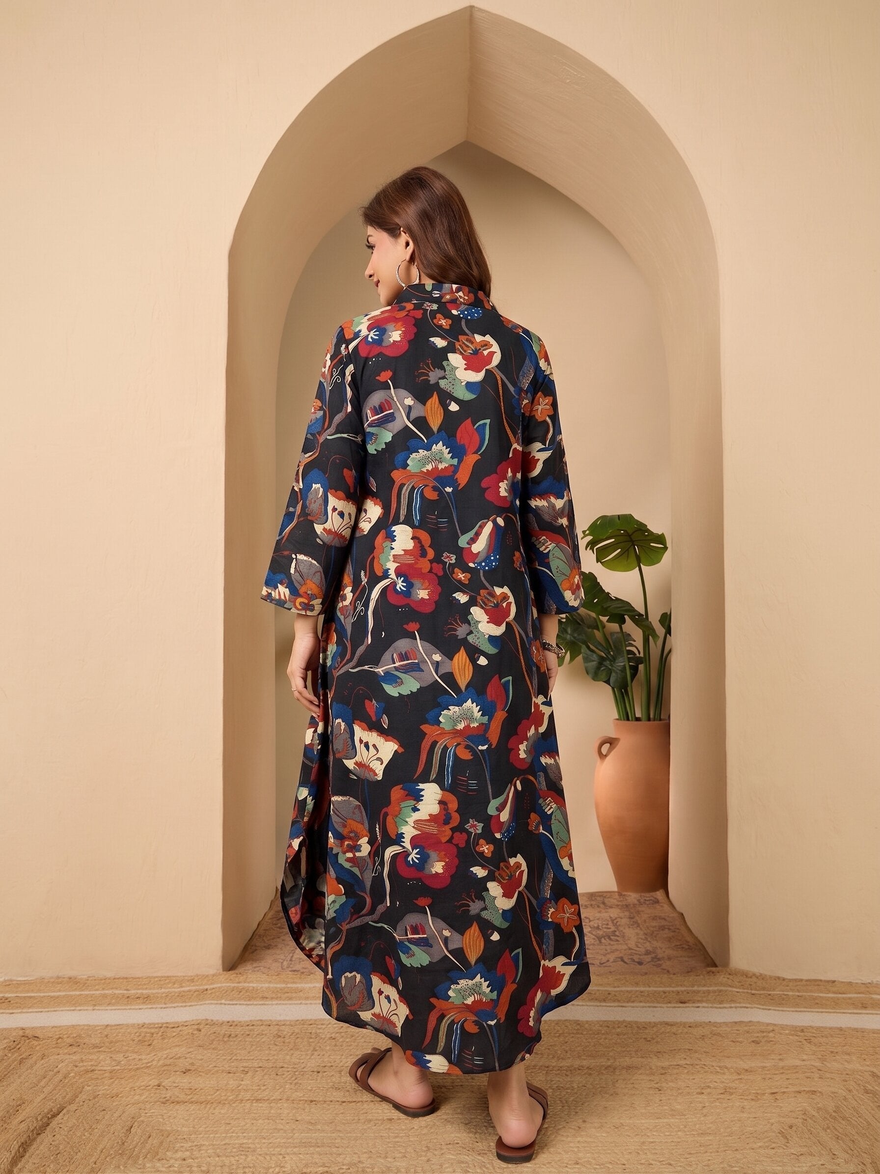 Black printed Shirt Collar Long Dress