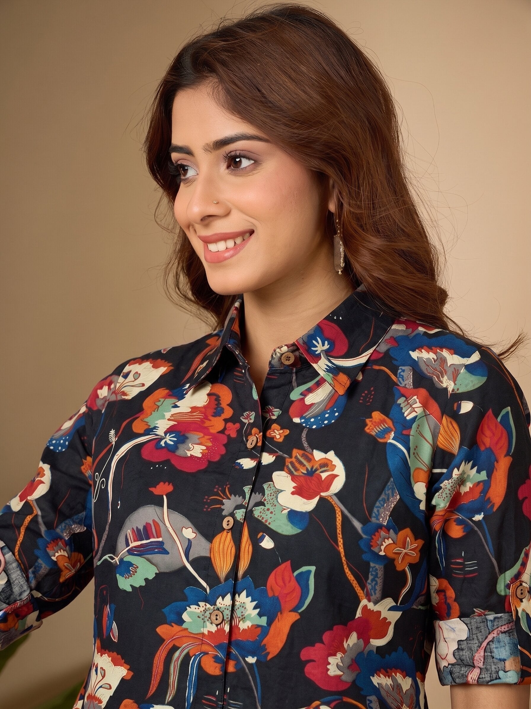Black printed Shirt Collar Long Dress