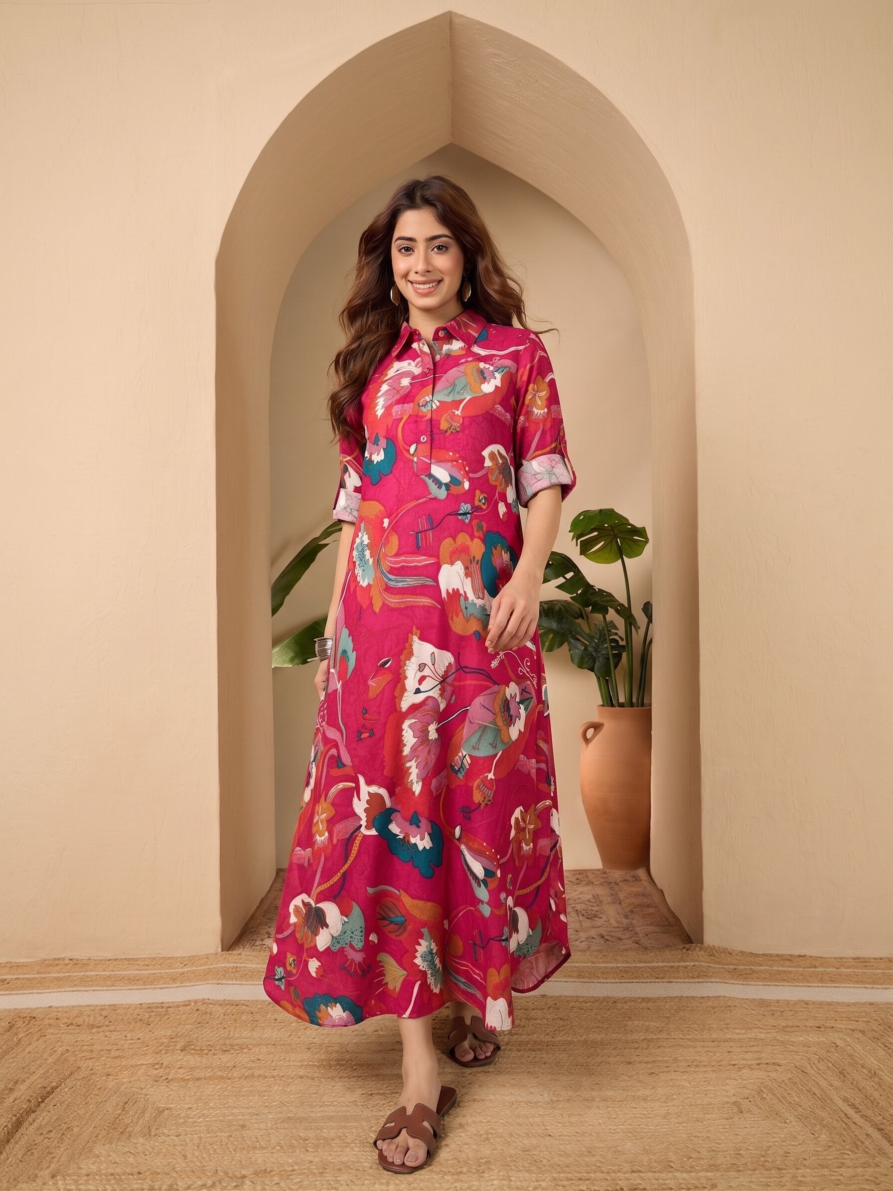 Pink printed Shirt Collar Long Dress