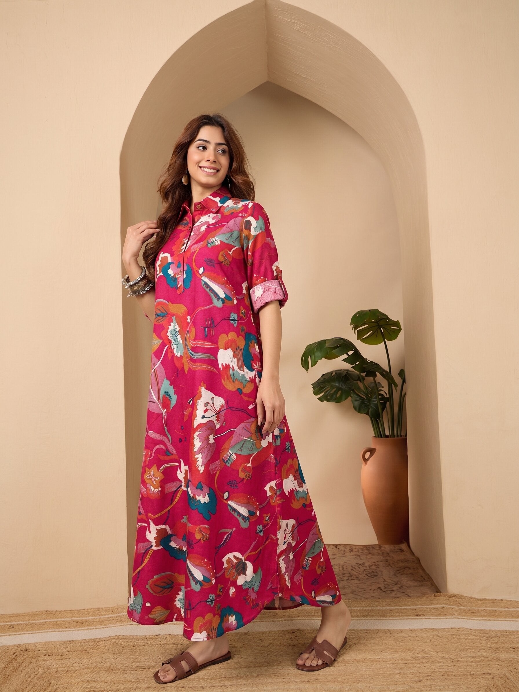 Pink printed Shirt Collar Long Dress