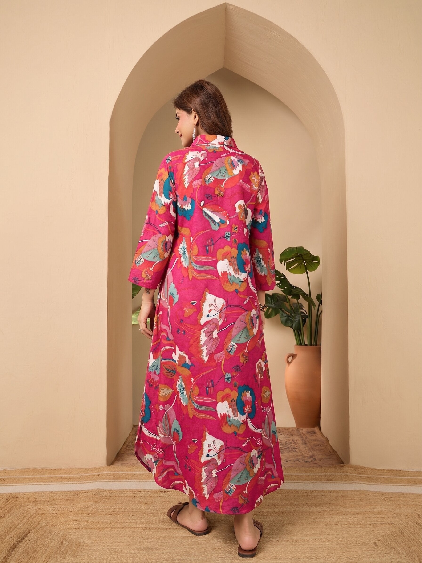 Pink printed Shirt Collar Long Dress