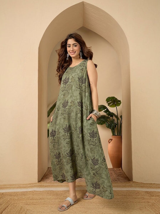 Green Lotus Print Round Neck Long Dress