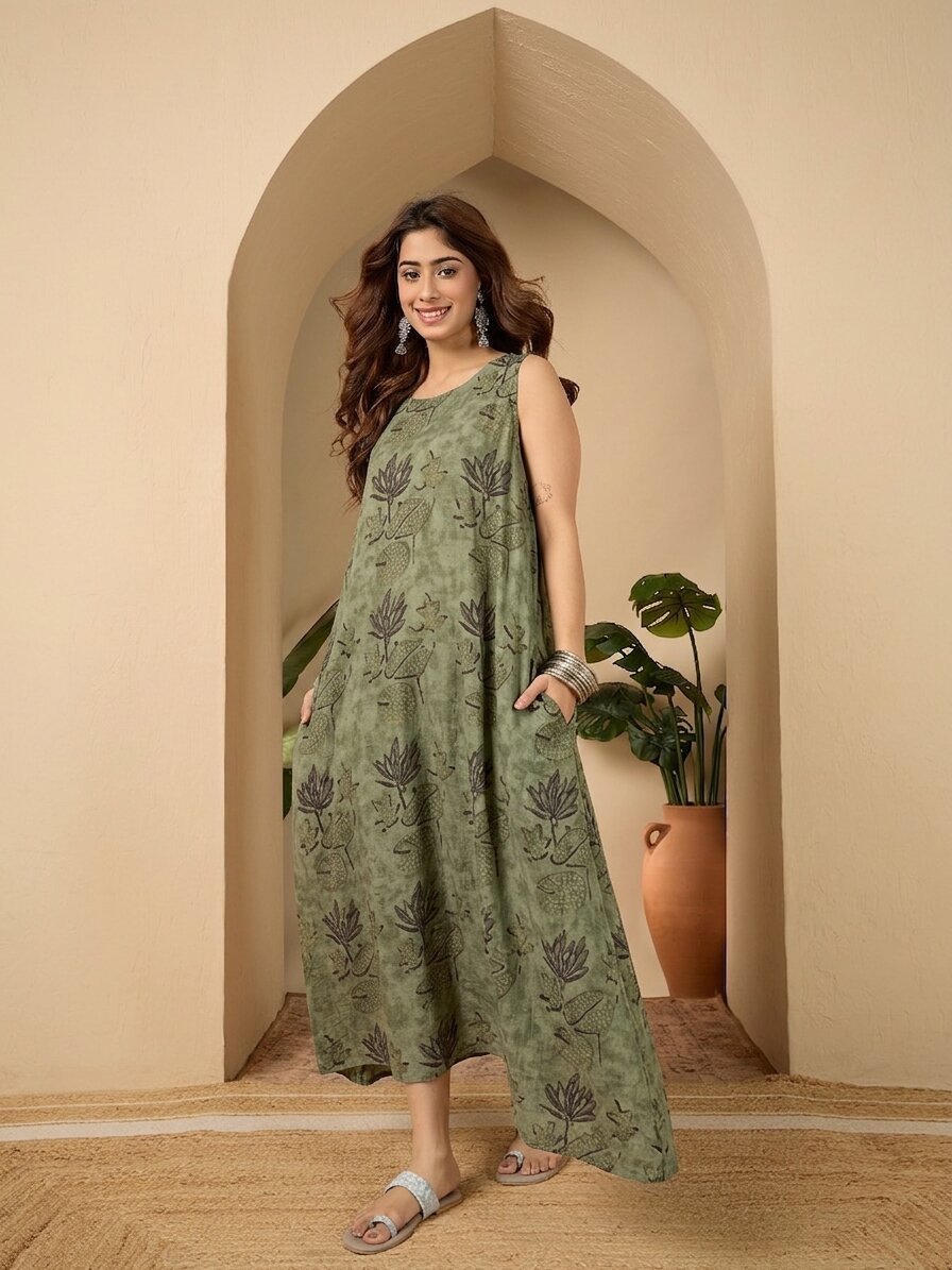 Green Lotus Print Round Neck Long Dress