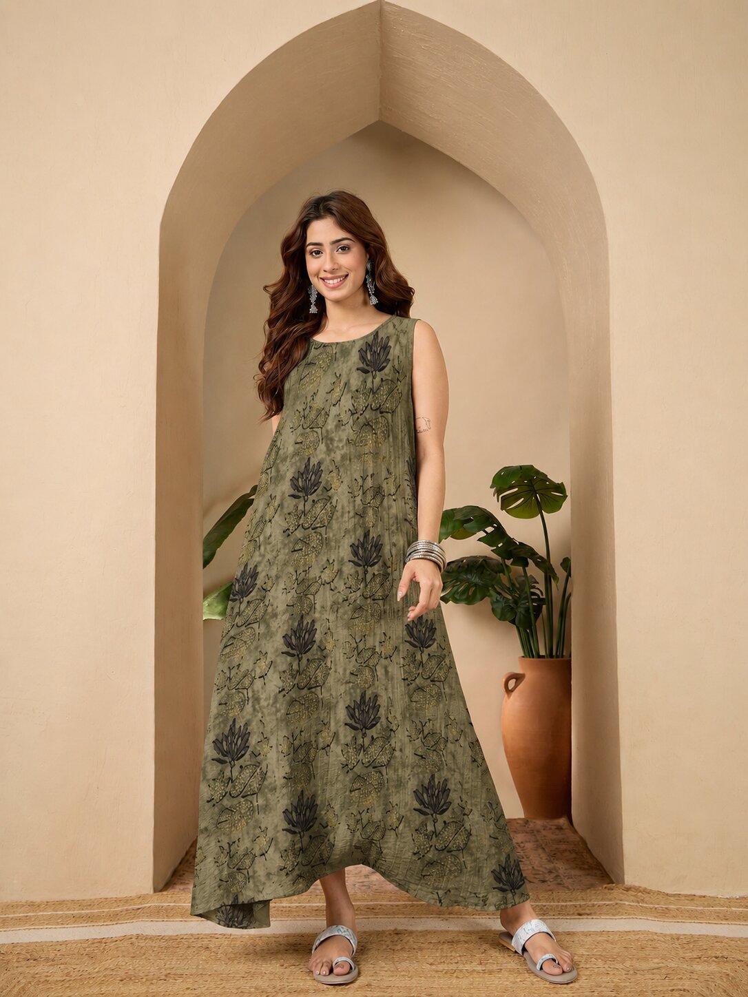 Green Lotus Print Round Neck Long Dress
